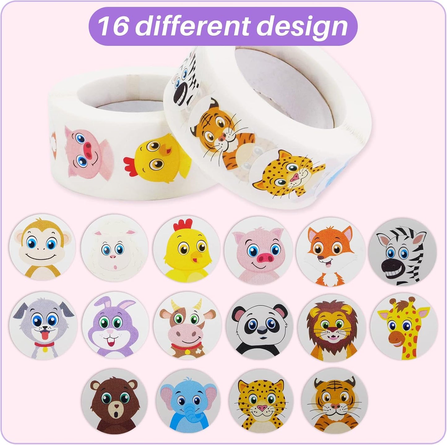 1000 PCS Small Cute Animal Stickers for Kids Teachers Classroom Party(1" Diameter / 2 Roll / 16 Designs)