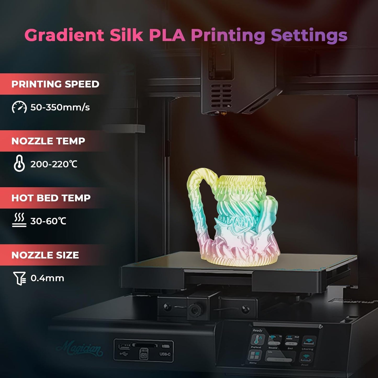 AMOLEN Silk PLA 3D Printer Filament, Shiny Multicolor Rainbow PLA Filament 1.75mm, Fast Gradient Color Change PLA 3D Printing Filament for Most FDM 3D Printer, Yellow Pink Blue, 1kg (2.2lbs)