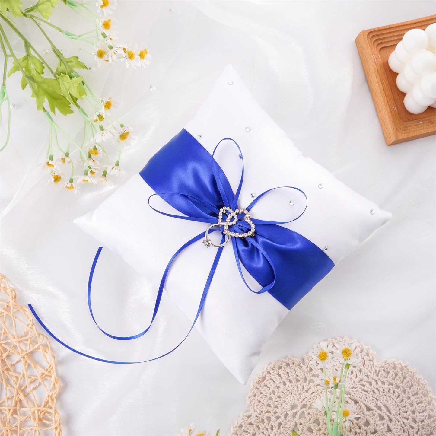 QIRMIZI Ring Pillow,Pearls Ring Cushion, Ring Bearer, Ring Holder for Beach Wedding, Wedding Ceremony, Proposal,Blue, White, R04 (Pack of 1)