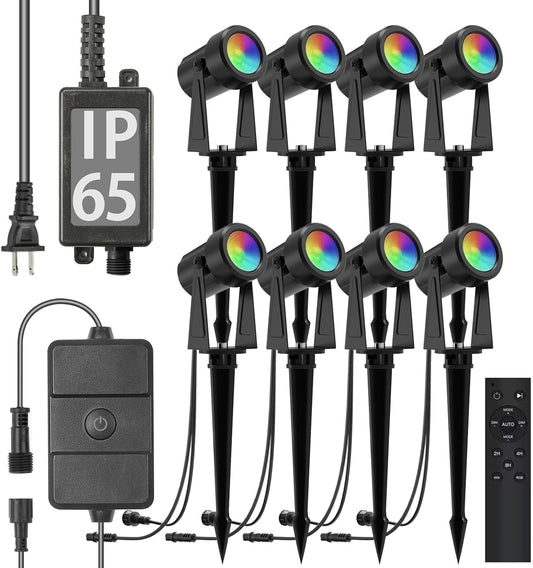 SUNTHIN Outdoor Landscape Lighting with Remote, RGBW Color Changing Spot Uplights, 8 Pack