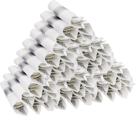 Supernal 60 Pack Pre-Rolled Silver Plastic Cutlery Heavy Duty Wrapped Silverware Disposable Premium Silver Plastic Silverware Forks and Spoons for Halloween Thanksgiving Christmas