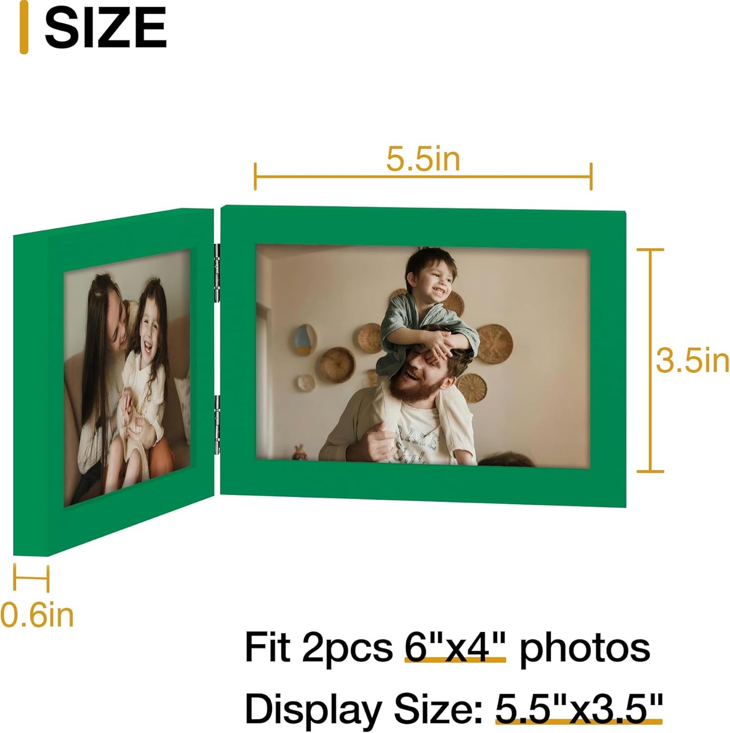 decorUhome Double 6x4 Picture Frame Horizontal, Engineered Wood Bifold Photo Frame with Plexiglass for Tabletop Display, 6x4, Green