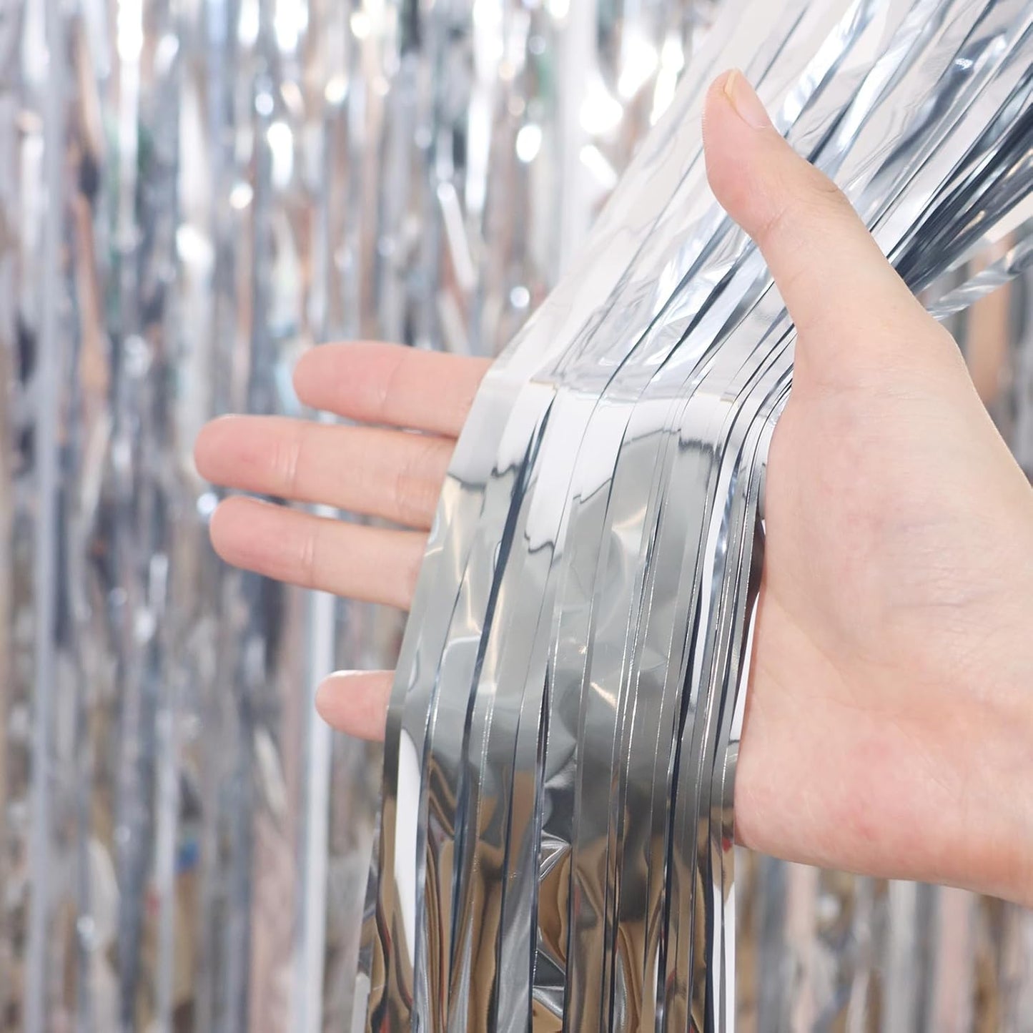 3 Pack 3.3 x 6.6 ft Silver Foil Fringe Backdrop Curtains, Tinsel Streamers Party Decorations, Fringe Backdrop for Birthday, Baby Shower, Gender Reveal, Graduation