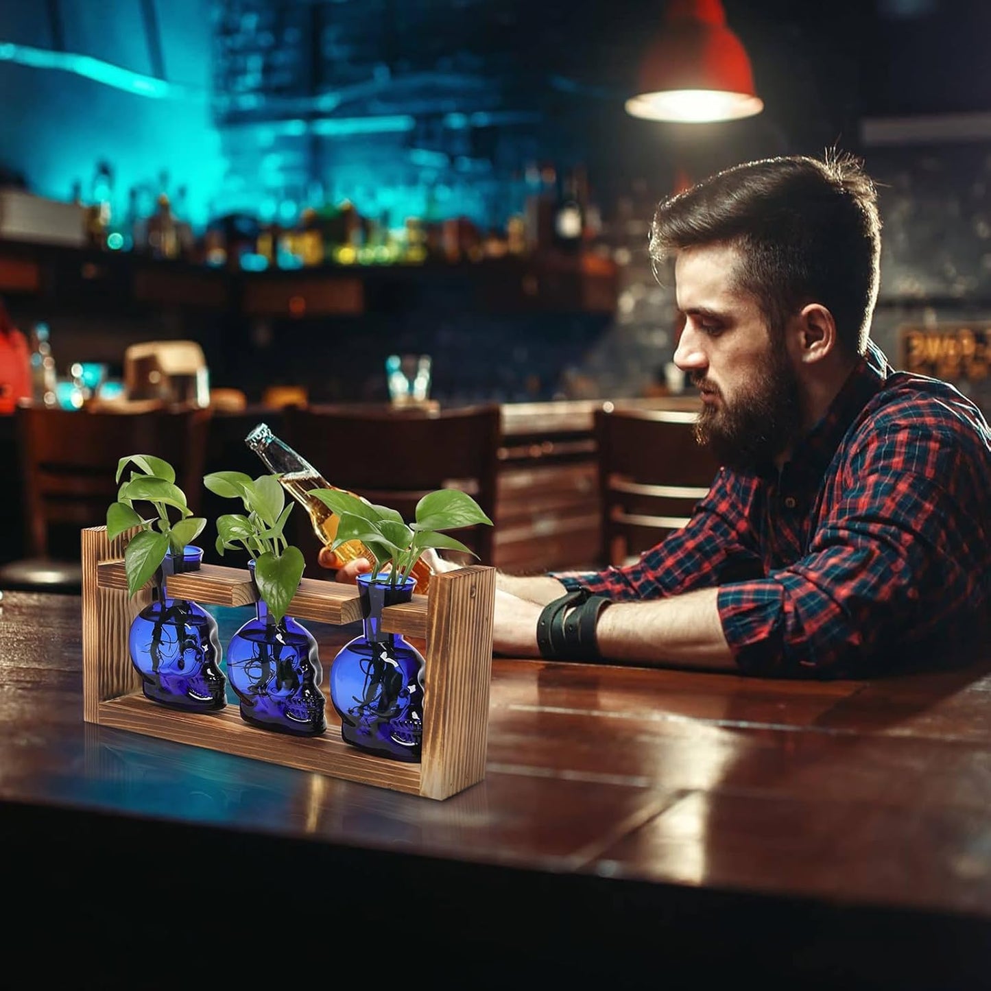 Plant Terrarium Propagation Stations Hydroponics Halloween Skull Planter Vase Skulls Decor with Wooden Stand Gift for Father