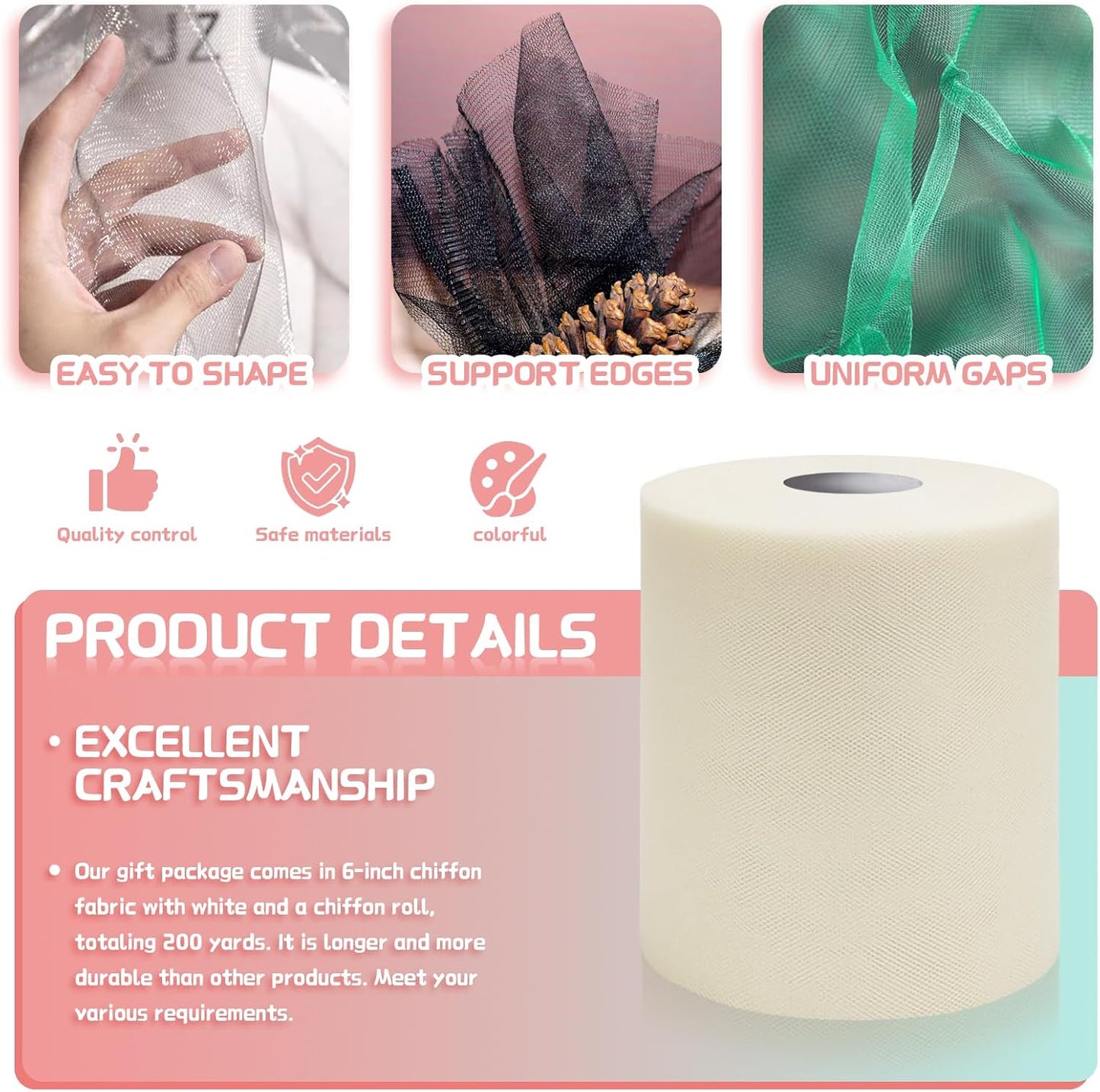 6" x 200 Yards Lvory Tulle Fabric Rolls, Lvory Spool Tulle Ribbon for DIY Tutu Skirt Wedding Decoration Baby Shower Birthday Party Backdrop Gift Wrapping Bow Craft Supplies