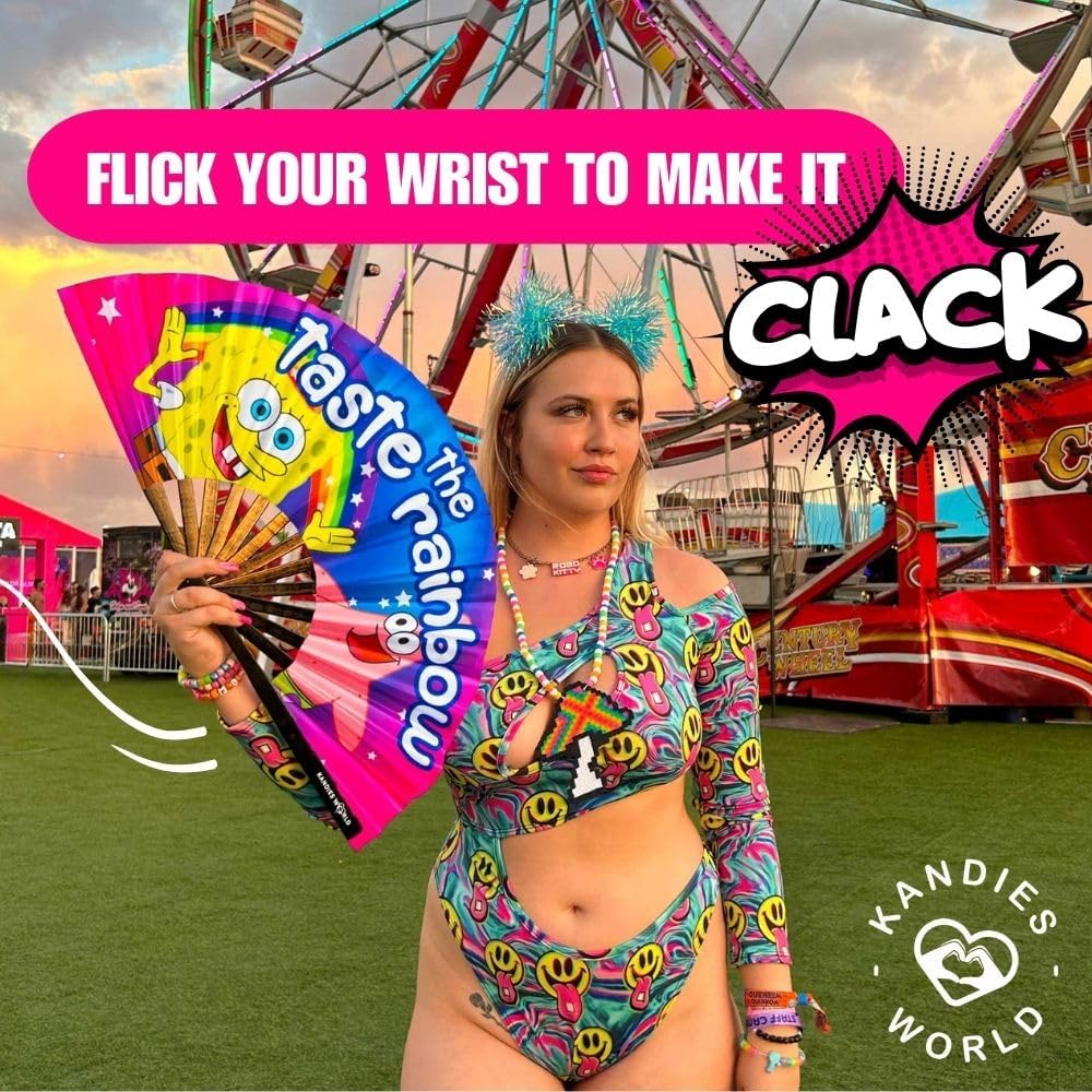 Kandies World UV Reactive Custom Festival Folding Hand Fan - Unique Designs, Made of Bamboo, Clacking Sound, Lightweight - Perfect Rave and Festival Accessory!
