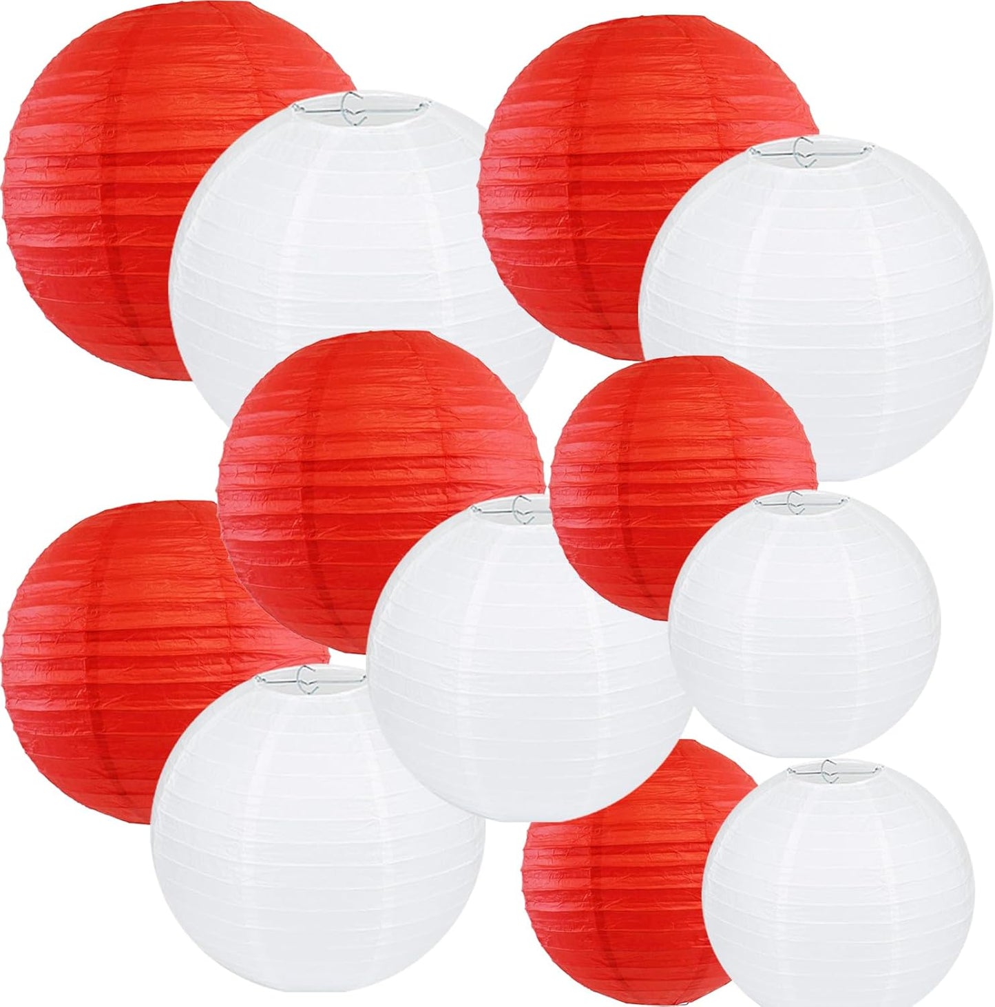 12Pcs Round Paper Lanterns Assorted Sizes (6" 8" 10" 12") for Home Decor, Restaurant, Church, Wedding, Birthday Party Decorations, Hanging Chinese Japanese Paper Lantern Lamps (White and Red)