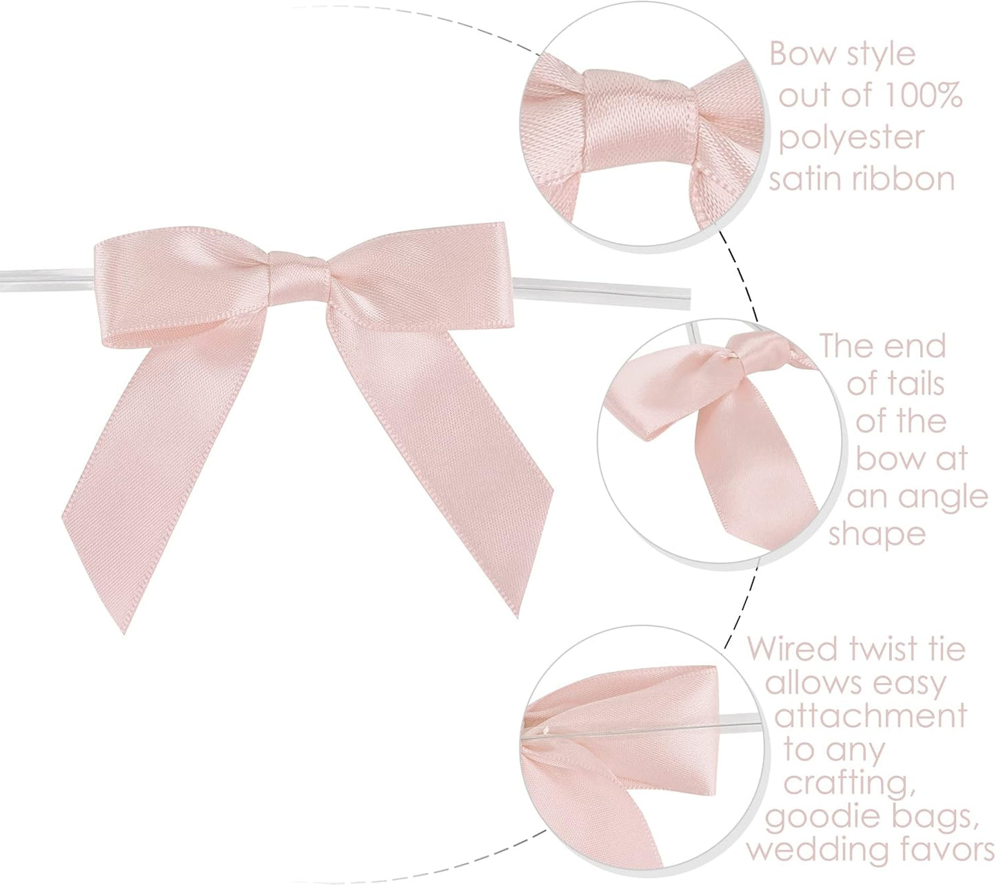 AIMUDI Small Rose Gold Bows 2.5" Pretied Satin Bows for Crafts Twist Tie Bows for Treat Bags Premade Mini Bows for Wedding Bridal Shower Bithday Baby Shower Decor - 50 Counts