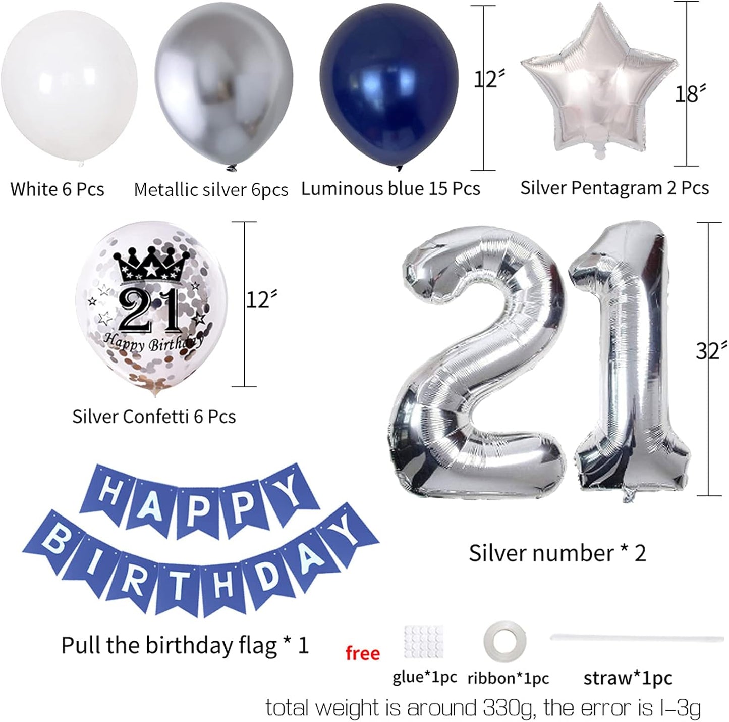 21st Birthday Decorations for Men - Happy Birthday Banner, Foil Number 21 Balloons, Silver Navy Blue Theme Party Supplies