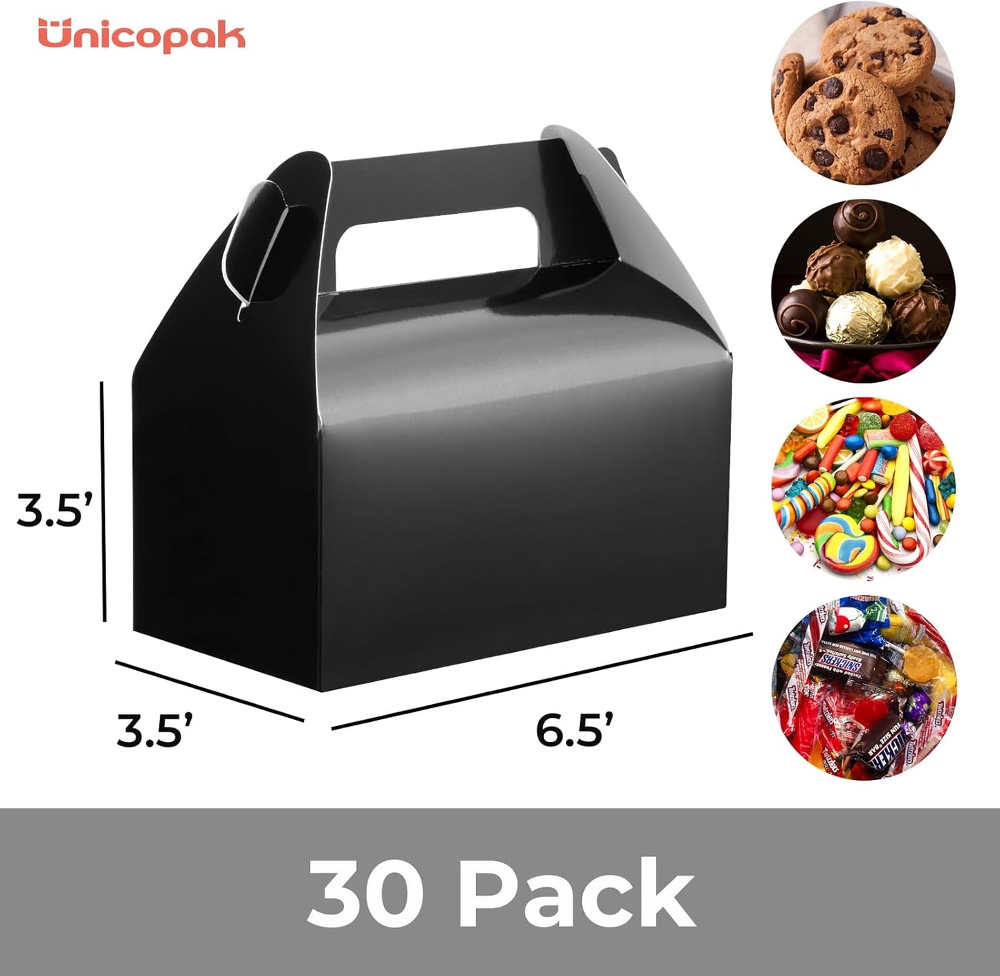 UnicoPak 30 Pack Black Gable Treat Boxes, Party Favor Boxes, Gift Boxes for Kids, for Snacks, Candy, Toys, Birthday Party, Wedding, Halloween, Christmas – 6.5x3.5x3.5 Inches