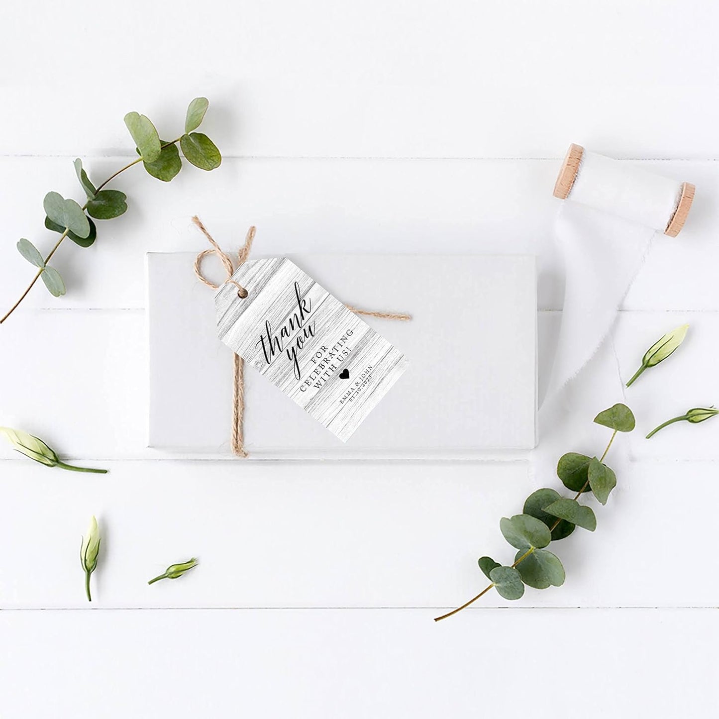 Andaz Press 100-Pack Personalized Thank You Tags with Bakers Twine - Gray Rustic Wood Custom Cardstock Wedding Gift Tags - 2 x 3.75-Inches