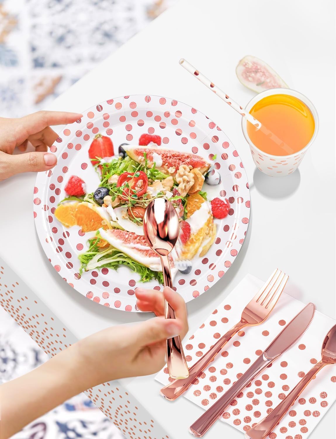 141 Pieces Rose Gold Party Supplies, Party Dinnerware Sets Include Paper Plates Napkins Cups Silverware, for Wedding Bridal Shower Engagement Birthday Parties Decoration -20 Serves