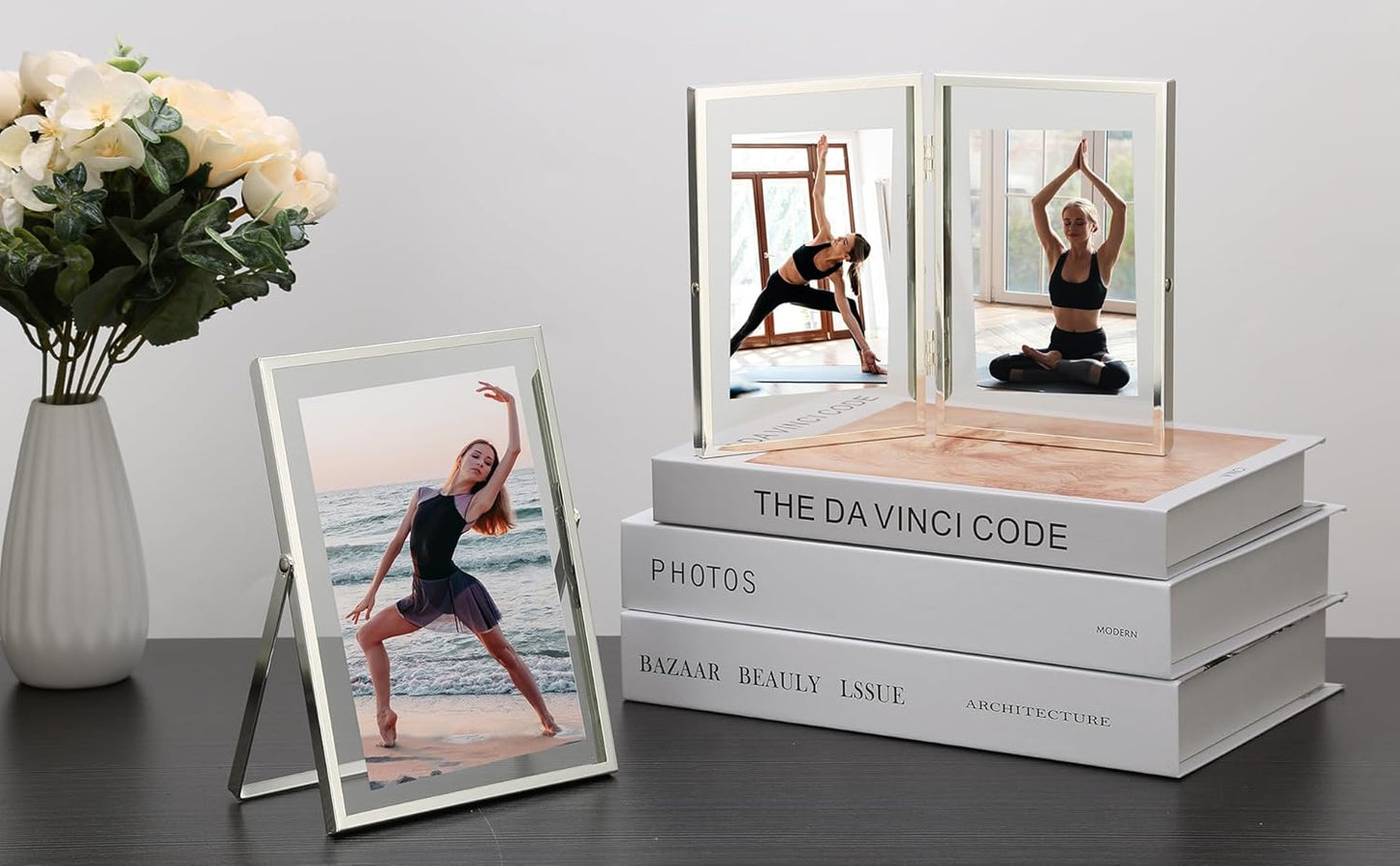 Silver 5x7''Double Floating Frame For Photo Sizes 3.5x 5'',4x6'',Metal Photo Frames 5x7''For Counter Shelf Display,Gift Choice for Wedding,Christmas,Birthady,Home or Office Decor.