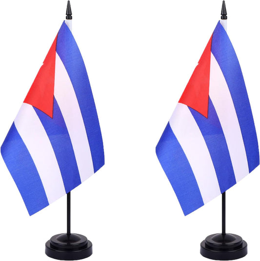 WXTWK 2 Pack Cuba Flag Cuba Deluxe Desk Flag Set - Mini Small Cuban Table Office Flags with Black 12" Solid Pole Stand Base Classroom Meeting Desktop Decorations