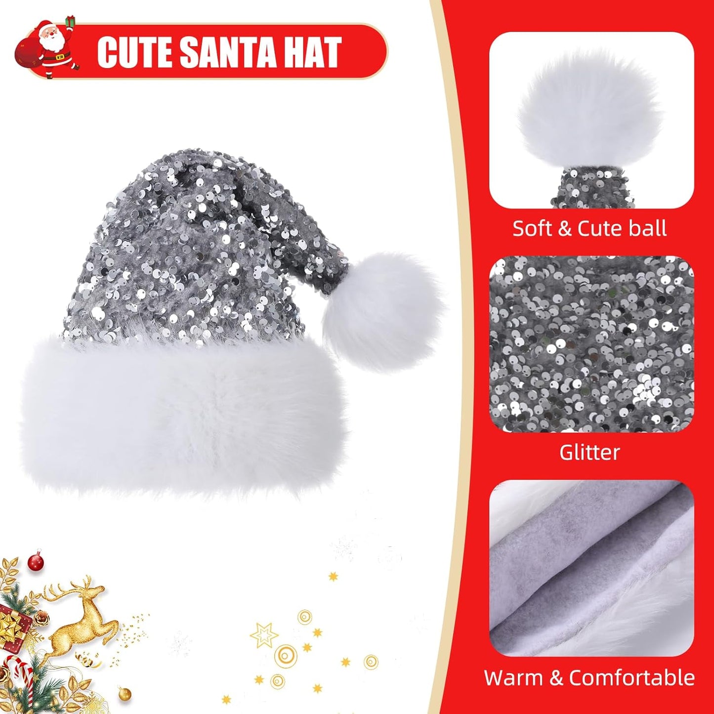 Personalized Sequin Santa Hat for Adults, Red Glitter Christmas Party Hat, Xmas Halloween New Year Holiday Headwear