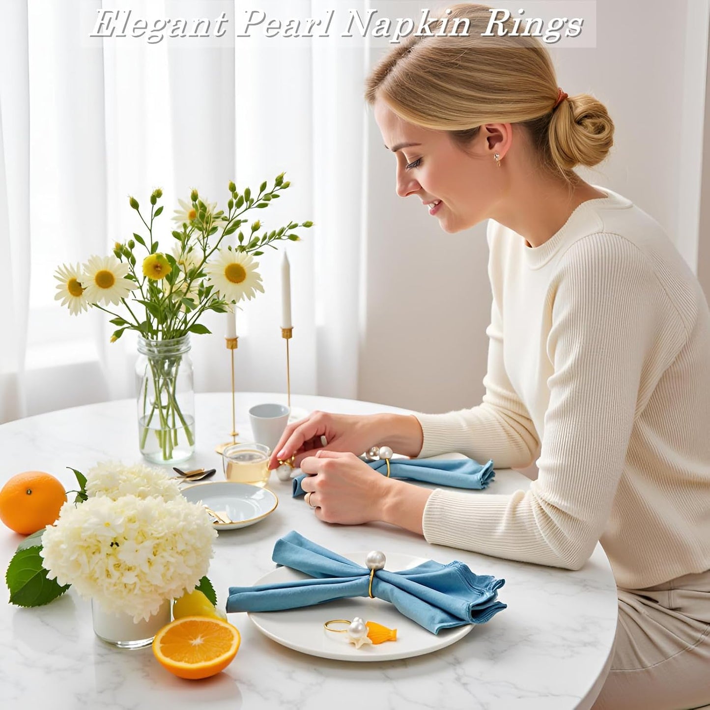 Gold Napkin Rings Set of 4, Pearl Napkin Rings Set Gold Napkin Ring Holders Delicate Serviette Buckle for Wedding Thanksgiving Christmas Family Birthday Party Table Décor(4,Pearl)