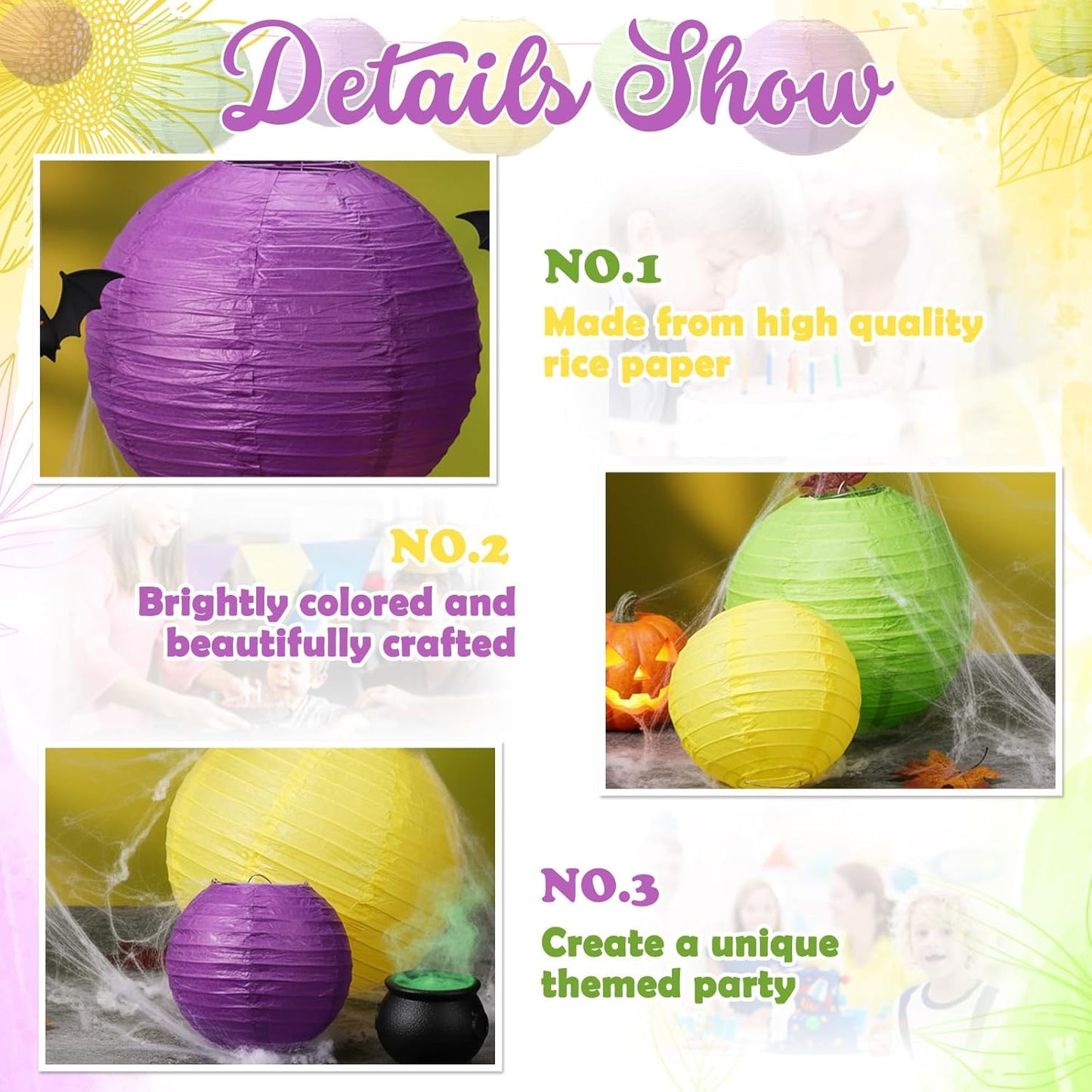 Riakrum 16 Pcs Yellow Green Purple Paper Lanterns Birthday Party Decorations Mixed Size 6'' 8'' 10'' 12'' Colorful Chinese Hanging Paper Lanterns for Wedding Home Decorations Supplies