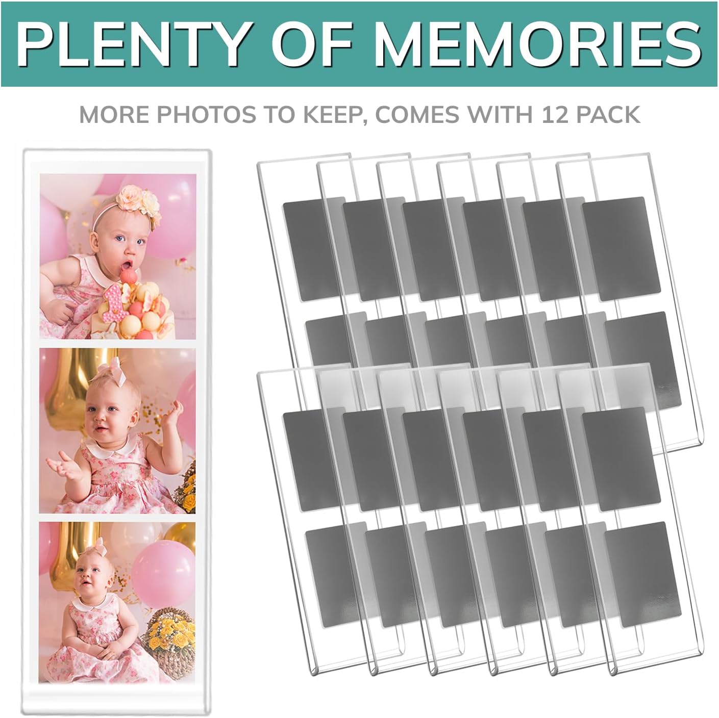 Photo Booth Frames - 2x6 Inch Clear Acrylic Magnetic Picture Frame for Refrigerator, Office Cabinet, Locker, or Dishwasher - 12 Count