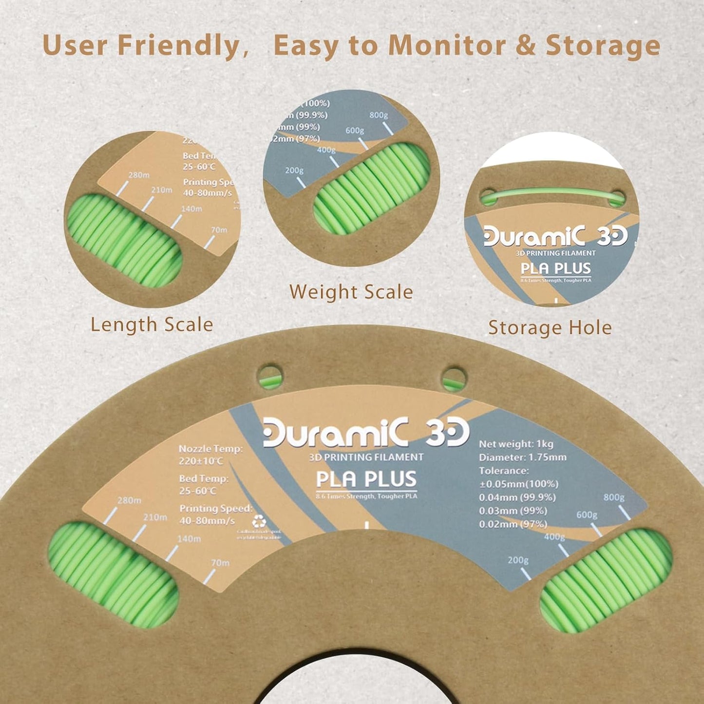 DURAMIC 3D PLA+ Filament 1.75mm 1Kg Neon Green, PLA Plus Filament 1Kg Spool(2.2lbs) Tougher and Stronger, Dimensional Accuracy Probability +/- 0.02mm