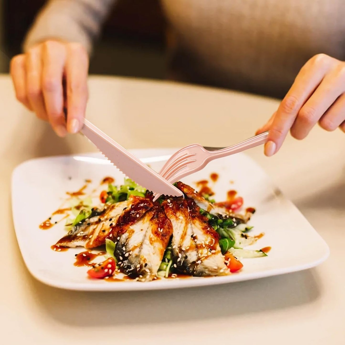 PULOTE 150PCS Pink Plastic Silverware - Plastic Cutlery Heavy Duty - Pink Utensils Set Disposable Include 50 Forks, 50 Spoons, 50 Knives for Wedding, Party & Mother’s Day