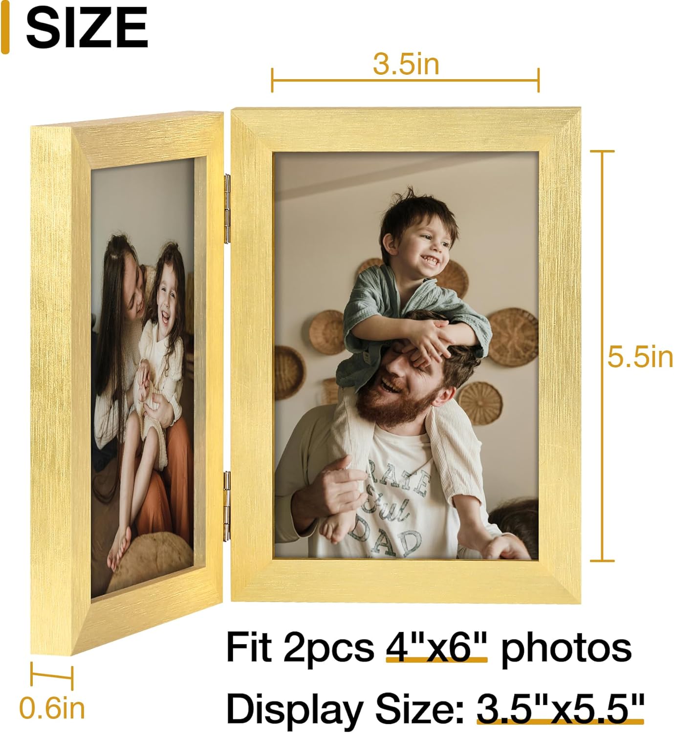 decorUhome Double 4x6 Picture Frame Vertical, Engineered Wood Bifold Photo Frame with Plexiglass for Tabletop Display, 4x6, Gold