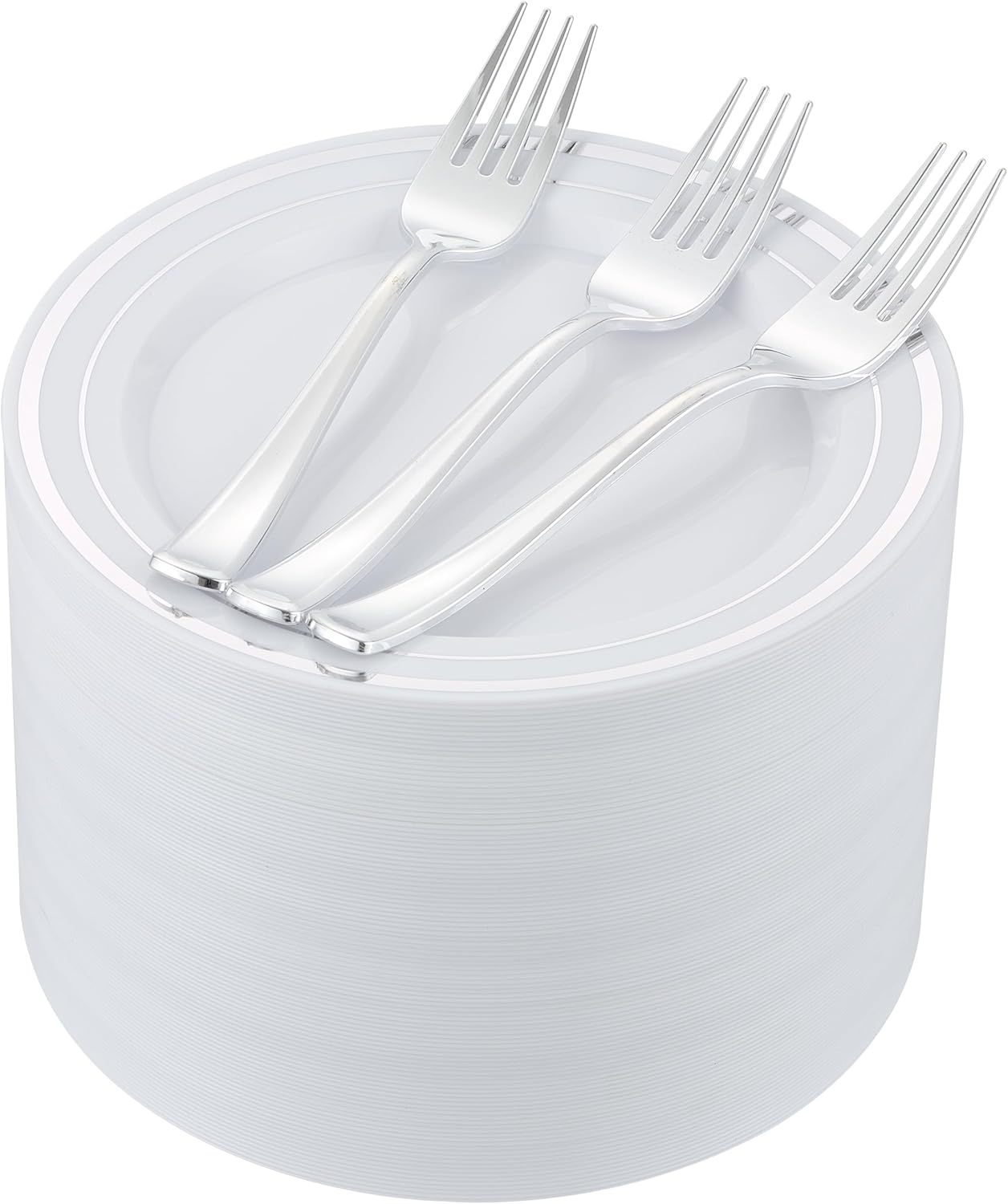 200pcs Silver Dessert Plates with Forks for 100 Guests-100pcs 7.5" Disposable Silver and White Small Plates with 100pcs 7.4" Forks-Cake/Appetizer/Salad Plate for Wedding,Birthday,Party