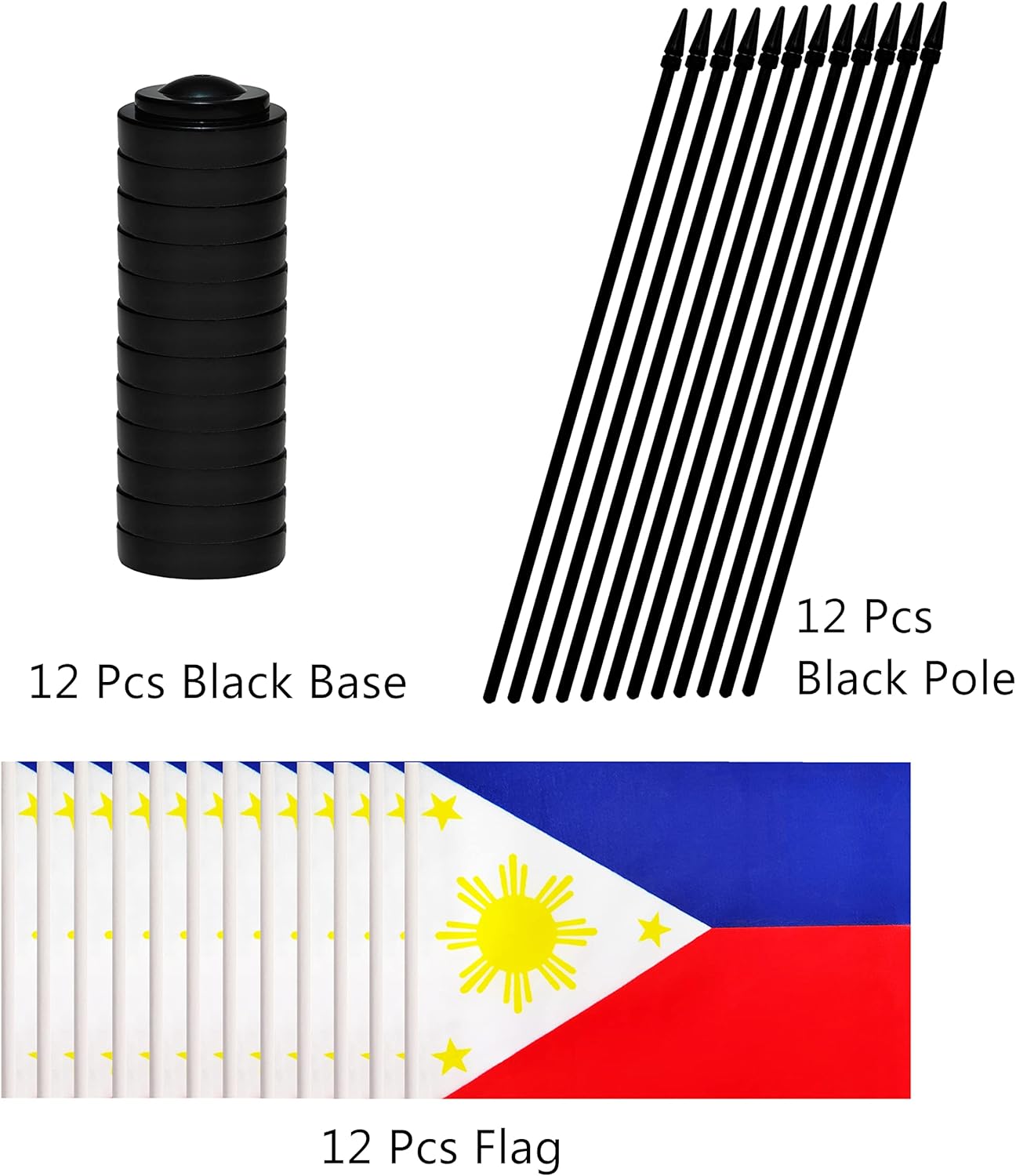 12 Pack Philippine Desk Flags Set, Philippine Small Mini Table Office Flags with 12" Solid Black Pole, 8.2 x 5.5 Inches, Home and Office Decoration, Festival Celebrations