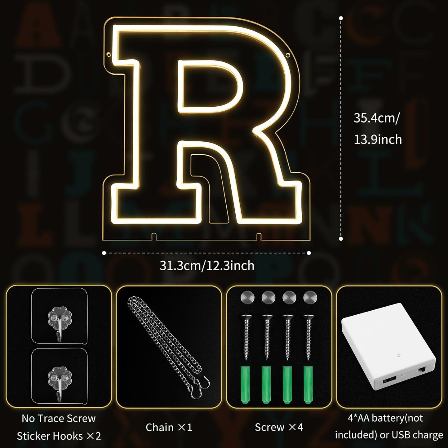 Light Up Letters R, Led Marquee Letter Lights Neon Sign, 13.9" Height Decorative Lighted Alphabet Number, Battery/USB Powered Led Letters Lights for Wedding, Birthday, Party, Christmas or Home Decor