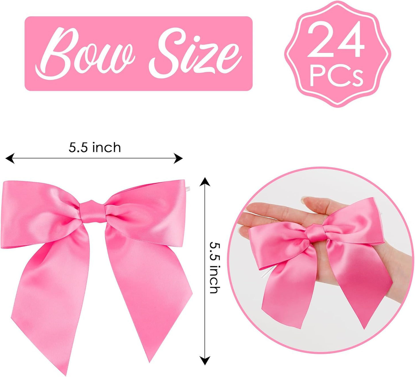 AIMUDI Hot Pink Satin Bows 5.5" Bows for Gift Wrapping Satin Twist Tie Bows Premade Ribbon Bows for Treat Bags Invitations Baskets Crafts Wedding Birthday Baby Shower Spring Decorations, 24 PCs