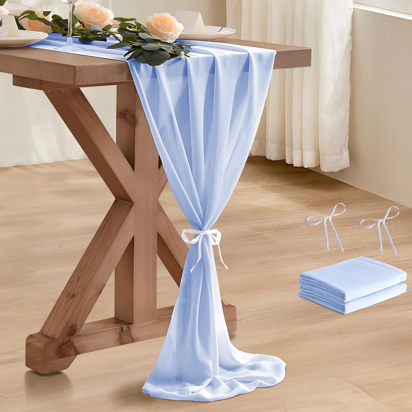 2 Pack 10 Ft Chiffon Table Runner Light Blue Gauze Long Table Runners 27x120 Inches Sheer Tulle Table Runner for Rustic Wedding Reception Bridal Shower Decorations Birthday Party