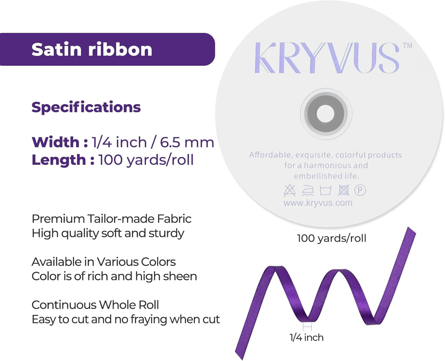 Purple Satin Ribbon 1/4 inch X Continuous 100 Yards, Single Face Polyester Ribbon Perfect for Gift Wrapping, Flower Bouquet, Wedding Decor, Crafts, Bow Making, Sewing and More