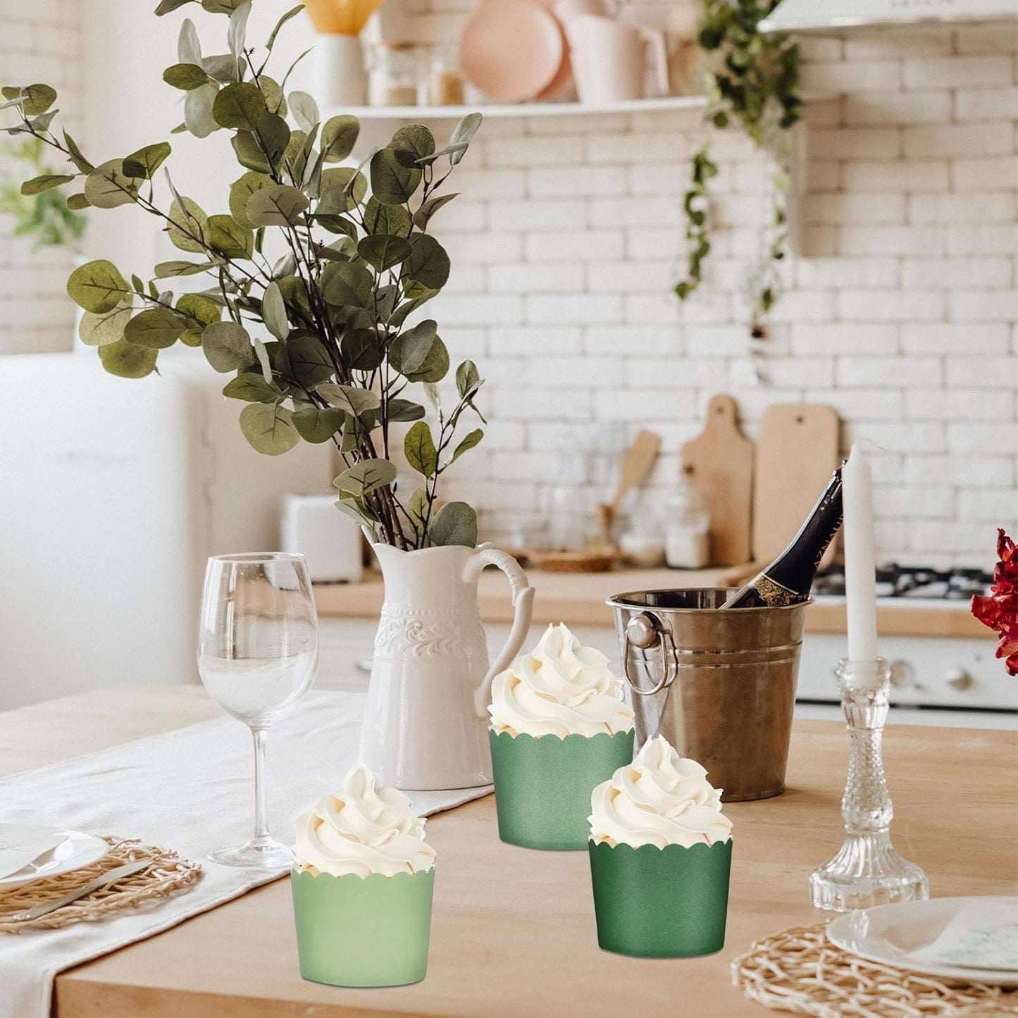 Whaline 120Pcs Sage Green Paper Baking Cups Scalloped Edge Cupcake Wrappers Gradient Green Cupcake Muffin Cases for Wedding Birthday Baby Shower, 3 Colors