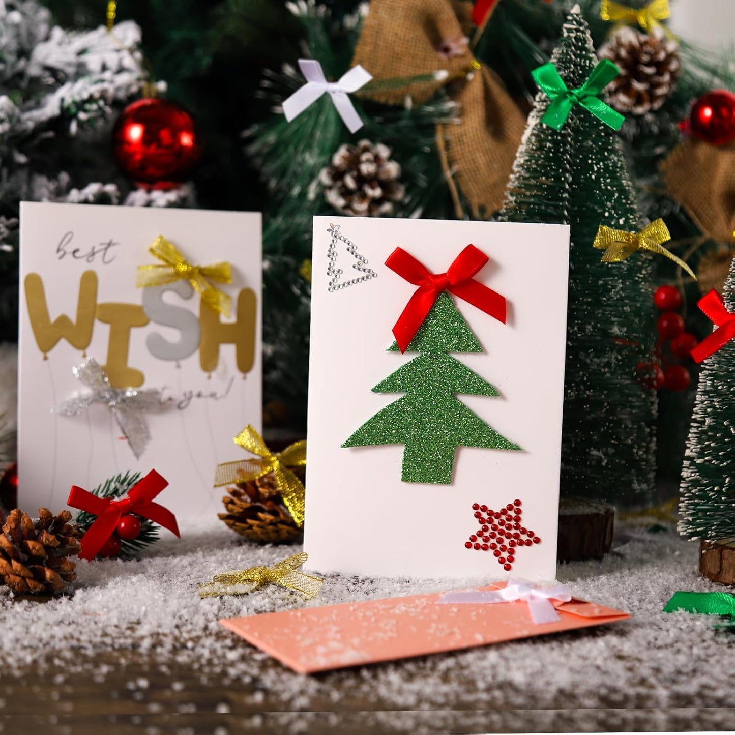 YGDZ Mini Bow Gift Wrapping Ribbons - 50 Pack, 5 Colors (Red, Green, Silver, Gold, White), Small Bow Ornaments for Crafts, Tree Decor & Gifts