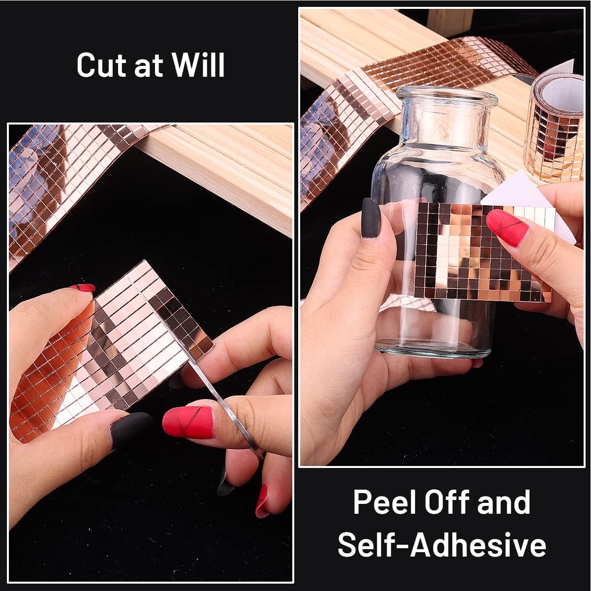 PP OPOUNT 2360 Pieces Self-Adhesive Mosaic Tiles, 5 x 5 mm Disco Tiles, Real Glass Mirror Mosaic for DIY Disco Balls, Indoor Decoration, Vases, Cups, Photo Frames (Rose-Gold)