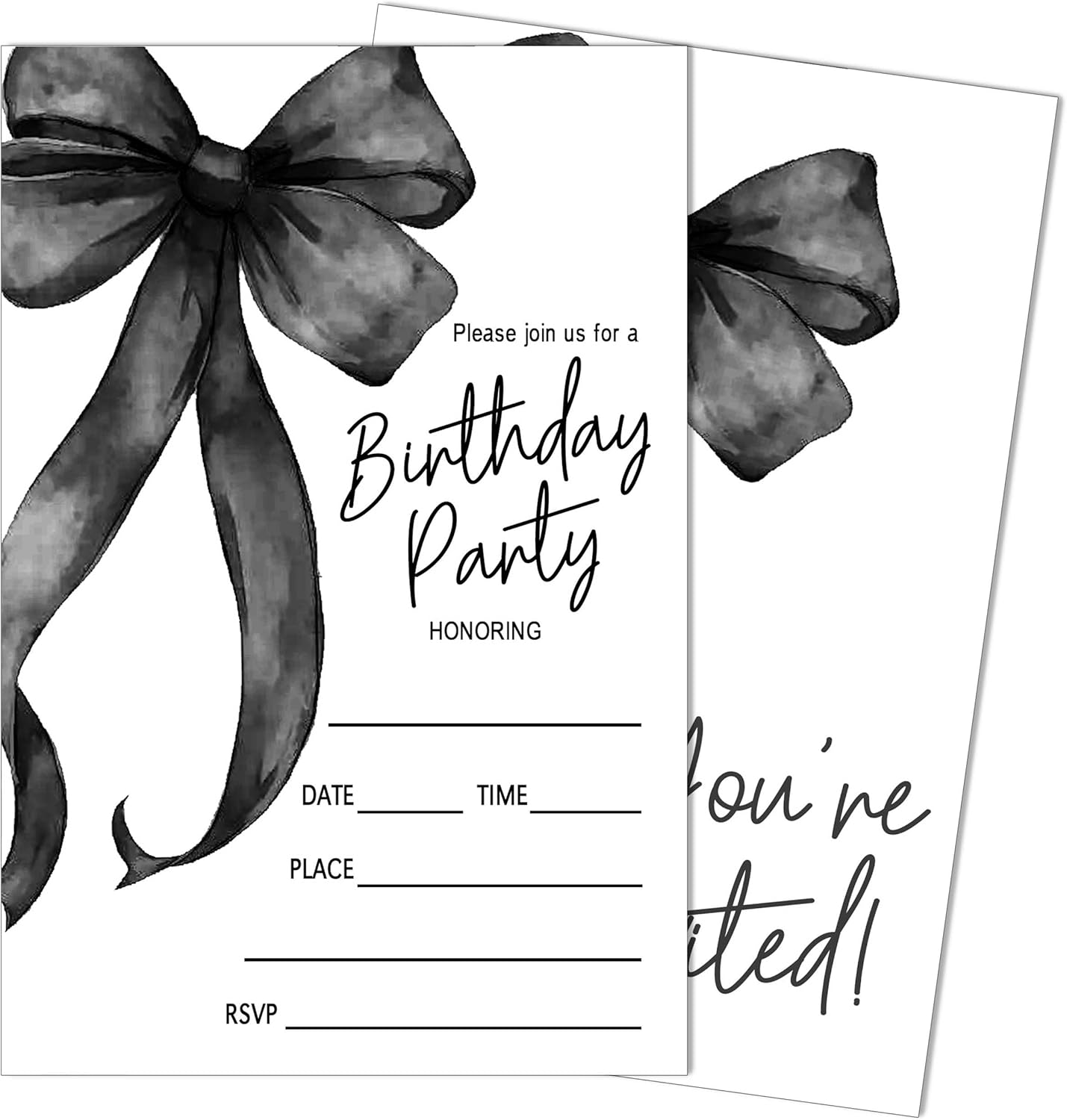 SIXEIGHT Black Bow Birthday Invitations, Black Ribbon Bow Birthday Party Invitations, 20 Party Invitations with Envelopes for Girls Boys, Birthday Party Favor & Decoration (4"x6")-A02
