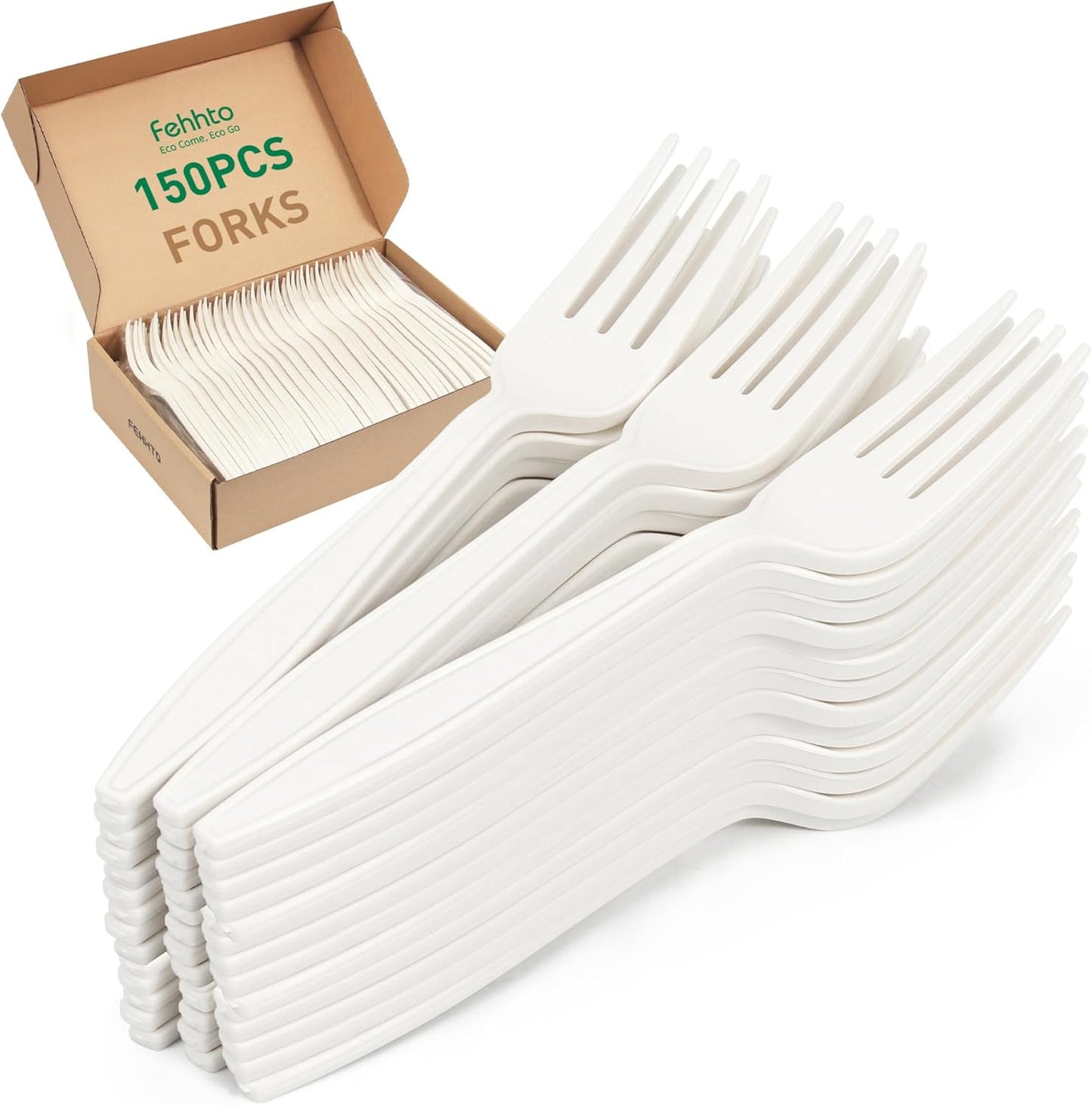 100% Compostable Fork, 7" 150pcs Disposable Cornstarch Forks Heavy Duty Cutlery BPI Certified Eco-Friendly Utensils Biodegradable Party Dinner Supplies No Plastic, Ivory White