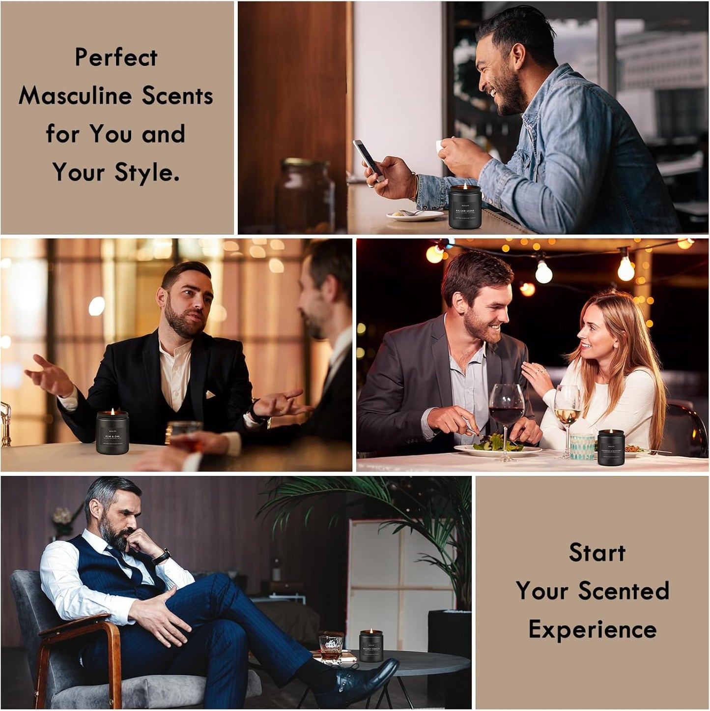 Scented Candles Set | Men Candle Set, 4 Pack Candles for Home, Gifts for Men - Aromatherapy Gifts for Dad Fathers Day, Soy Candle Scent of Smoke & Vanilla/Rum Oak/Vintage Leather/Amber Patchouli