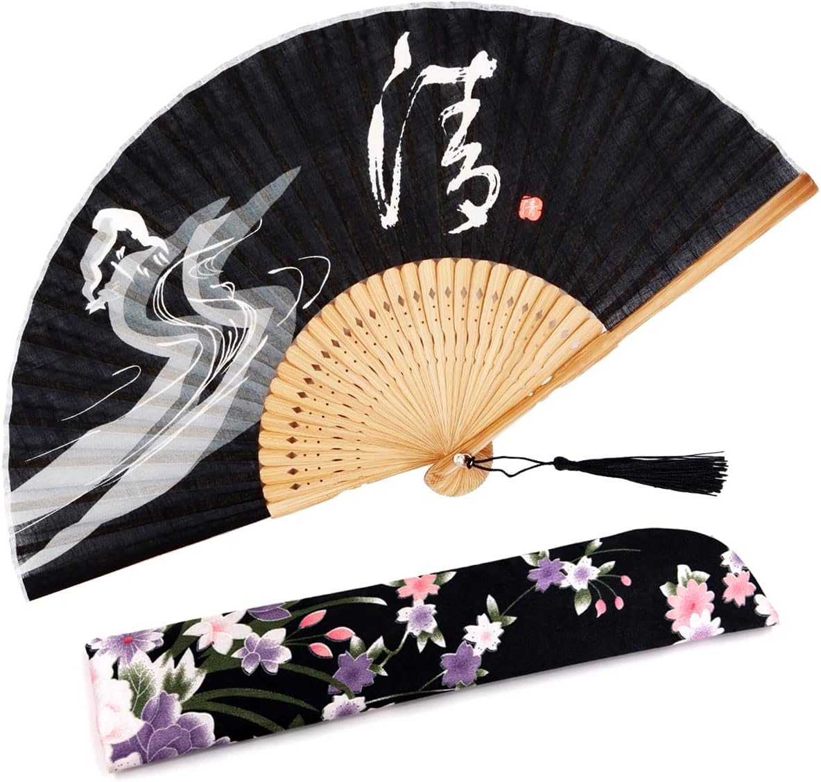 Amajiji Small Folding Hand Fan for Women, Chinese Japanese Vintage Style Bamboo Silk Fans for Party Wedding Dancing Decoration Gift Performance (AM-30)