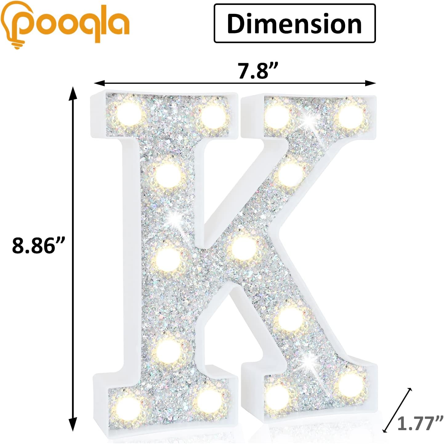 Pooqla Light Up Letters, LED Marquee Letters for Silver Birthday Decorations, Battery Powered Night Light Teenager Girl Room Decor, Gift for Girls Boys Wedding Bedroom Christmas Party Decor, Letter K