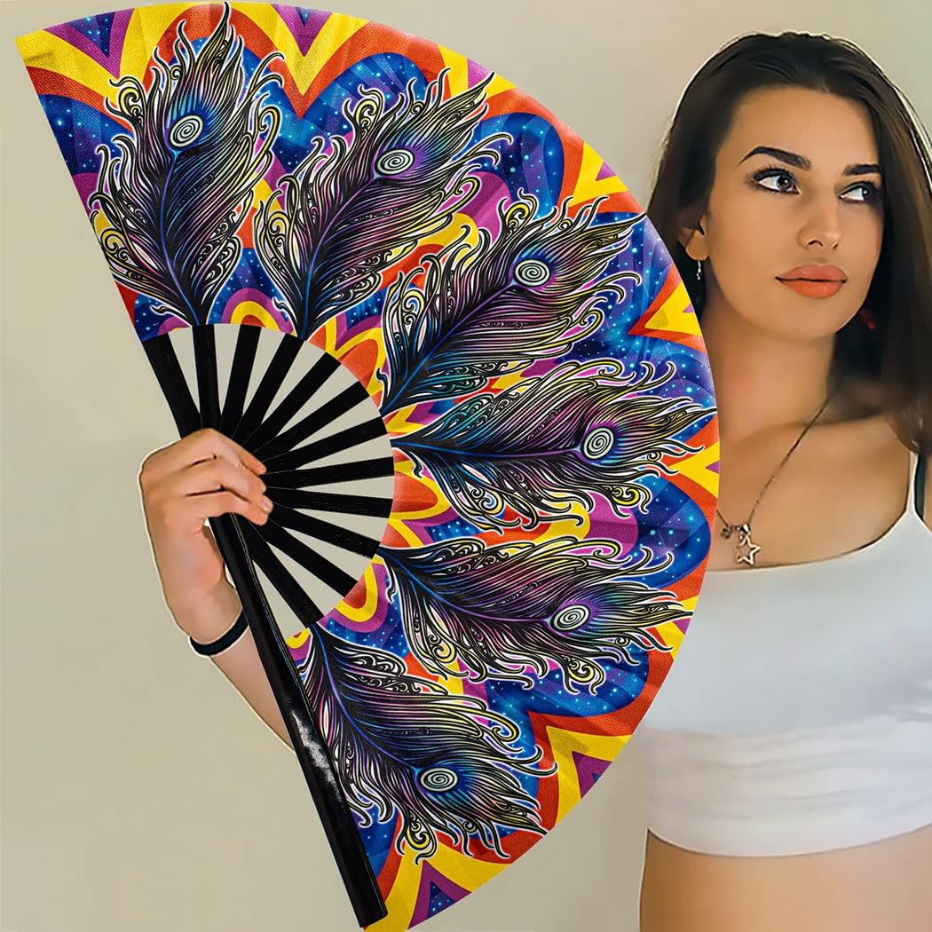13" Large Rave Fan Bamboo, Folding Clack Hand Fans Foldable for Men Women, Boots on the Ground Poping Fan for EDM Festival Line Dance Decoration, (Peacock, Large 13")
