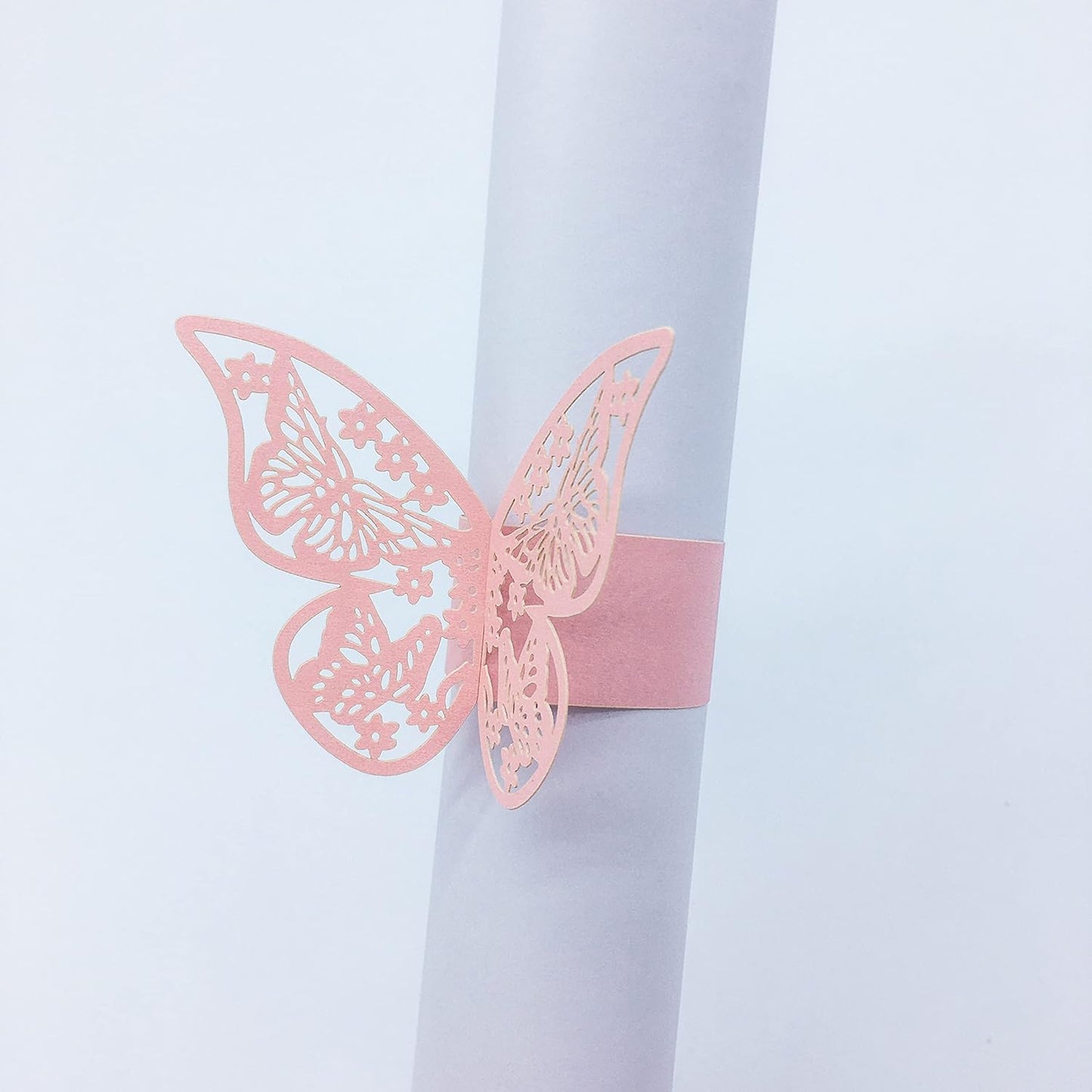 Butterfly Pink Paper Napkin Rings Set of 100 pcs，3D Laser Cut Foil Cutout Paper Napkins Holder,Disposable Serviette Rings for Tables,Decorations,Wedding,Dinner,Party Decor