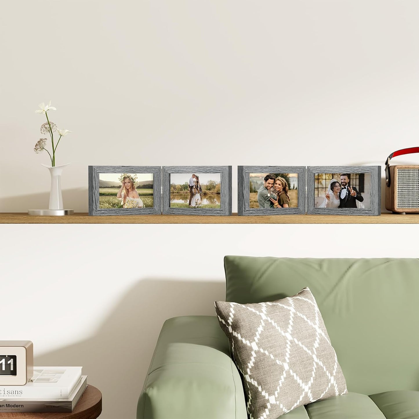 decorUhome Double 6x4 Picture Frame Horizontal, Engineered Wood Bifold Photo Frame with Plexiglass for Tabletop Display, 6x4, Grey