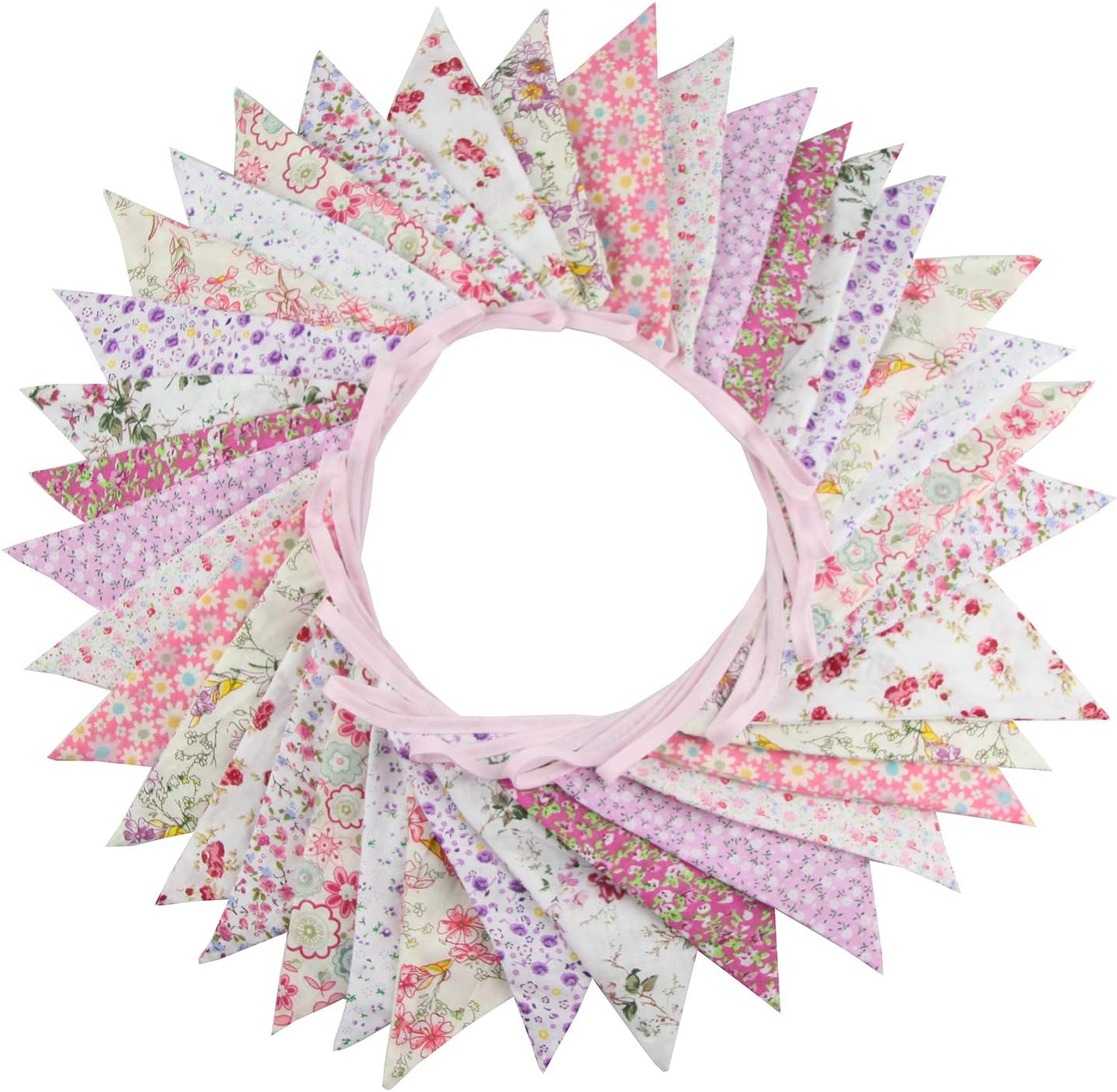 10M/32Ft Triangle Bunting Banner, 36 Pcs Cotton Fabric Flags Pennant Garlands for Birthday Party, Wedding, Baby Shower, Outdoor and Home Decorations (Pink)