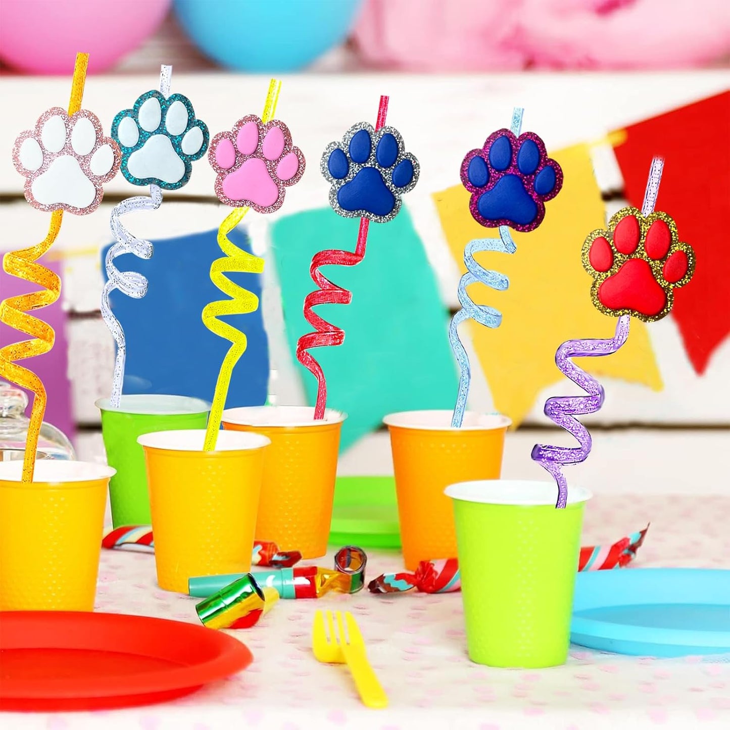 24 Glitter Paw Glitter Straws Birthday Party Decorations With 2pc Cleaning Brush for Pet Dog Puppy Pals Cat Birthday Party Decorations Supply Favors Reusable Straws
