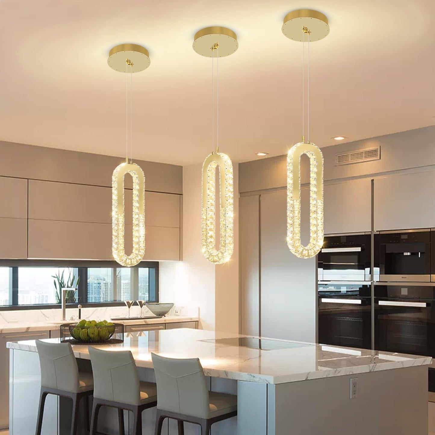 1-Ring Chandelier Gold Modern Pendant Lighting LED Dimmable Hanging Crystal Chandelier for Kitchen Island Foyer Lobby Living Room Staircaes