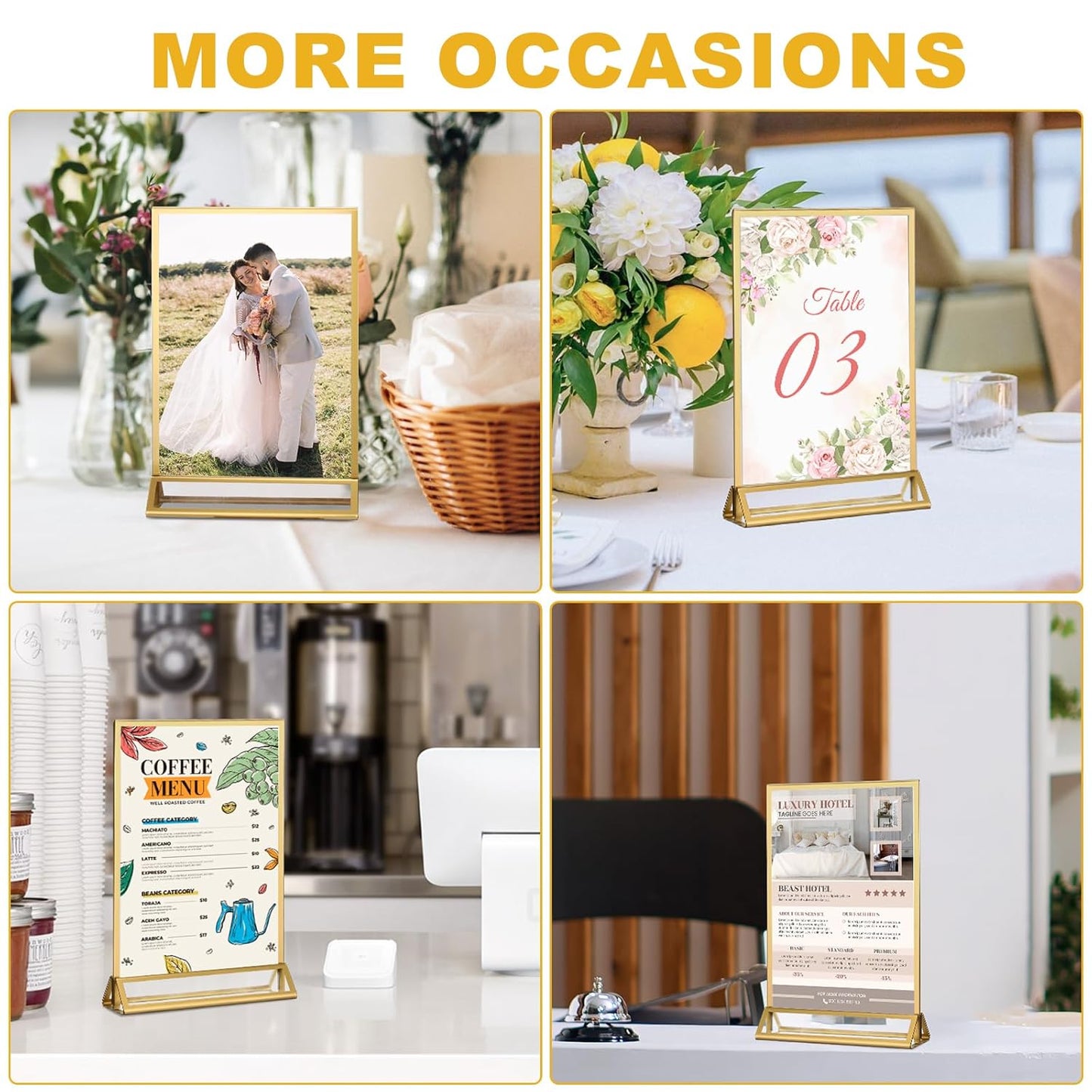 EHWINE 6 Pack 8.5×11 Clear Acrylic Sign Holder with Gold Borders and Vertical Stand, Double Sided Table Menu Holders Picture Frames for Wedding Table Numbers, Restaurant Signs, Photos and Art Display