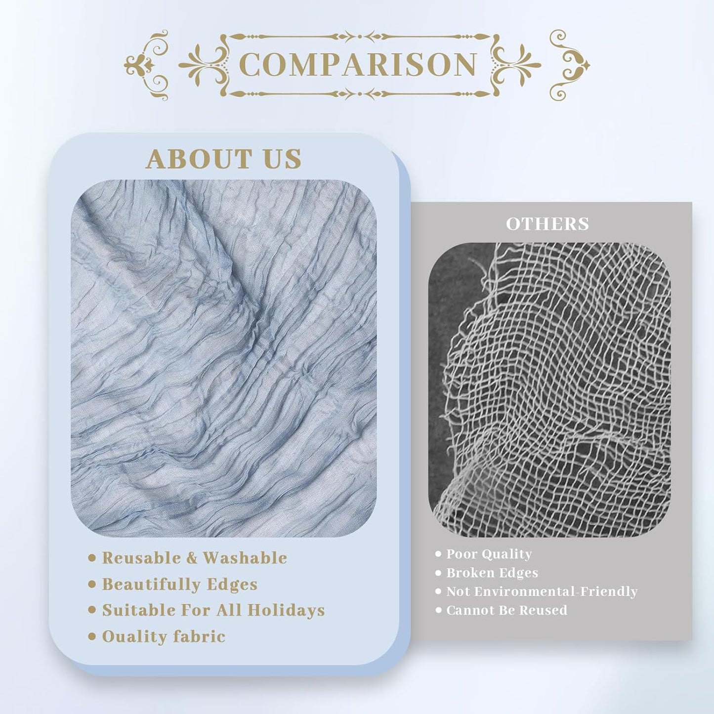 Le courant 12pcs 10Ft Cheesecloth Table Runner, Rustic Boho Gauze Cheese Cloth Runner Table Runner for Weddings Bridal Baby Shower Birthday Holiday Parties Home Decor, Dusty Blue