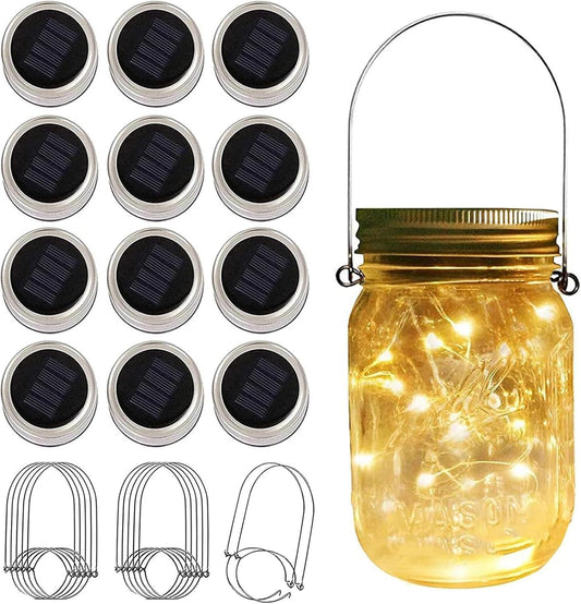 12 Pack Solar Mason Jar Lights for Outside, 30 LED Solar Mason Jar Lids Fairy Lights with 12 Hangers(No Jars) Outdoor Waterproof for DIY Patio Garden Yard Lawn Party Wedding Decoration Warm White