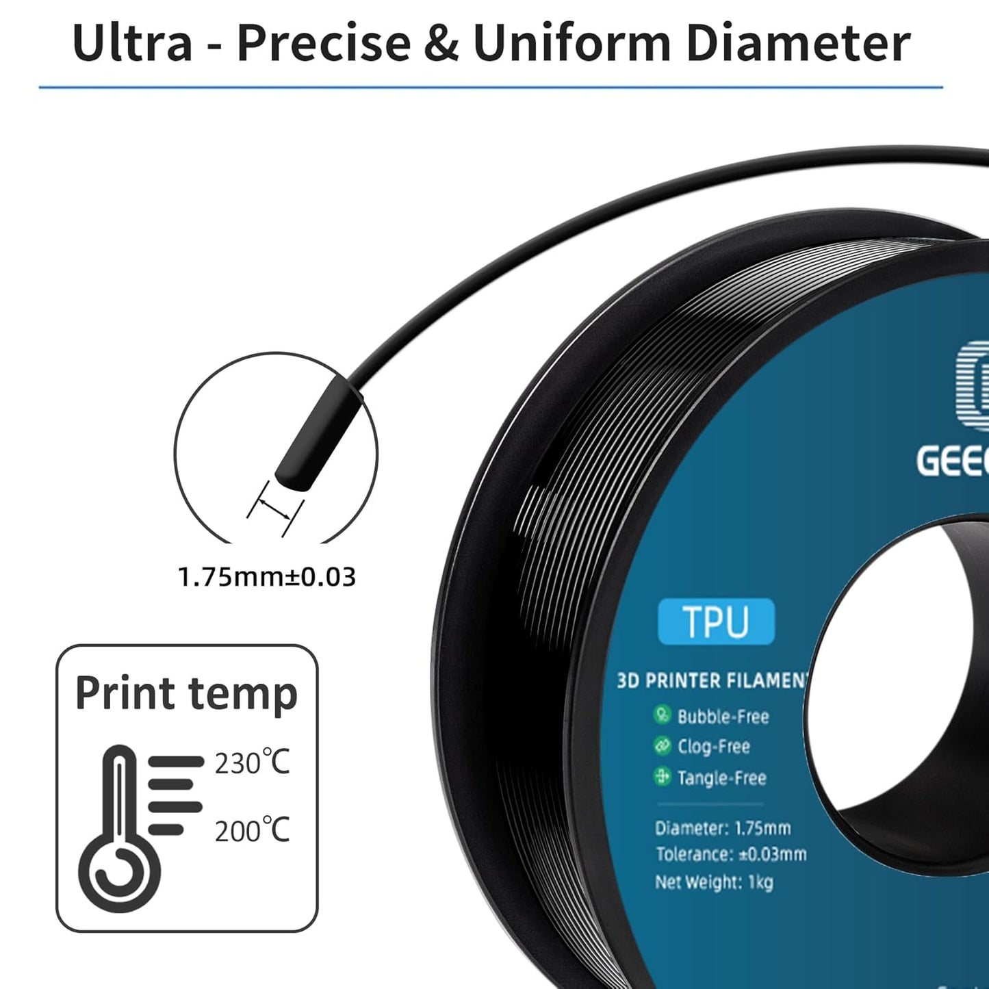 Geeetech TPU Filament 1.75mm, Shore 95A – Flexible 3D Printer Filament with High Elasticity, 1KG (2.2lbs) Spool, Dimensional Accuracy ±0.03mm, Fits Most FDM Printers (Black)