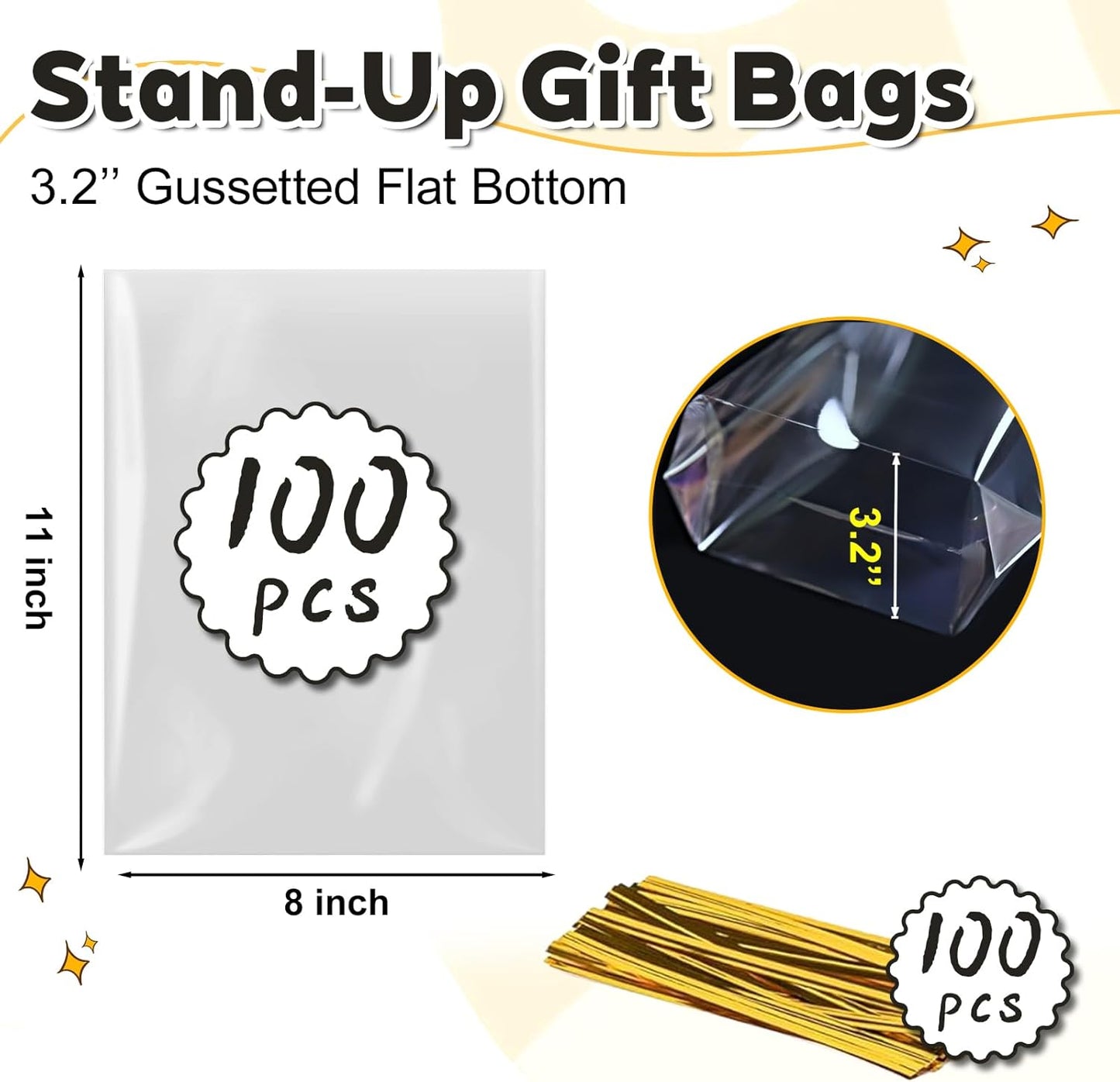 PigPotParty Cellophane Bags 8"x11", 100 Pack Clear Gift Bags, 3.15" Bottom Gusset for Stand-Up Display, Plastic Cellophane Gift Wrap, Ideal for Mugs, Goodies, Treats, Party Favors, Includes Gold Ties